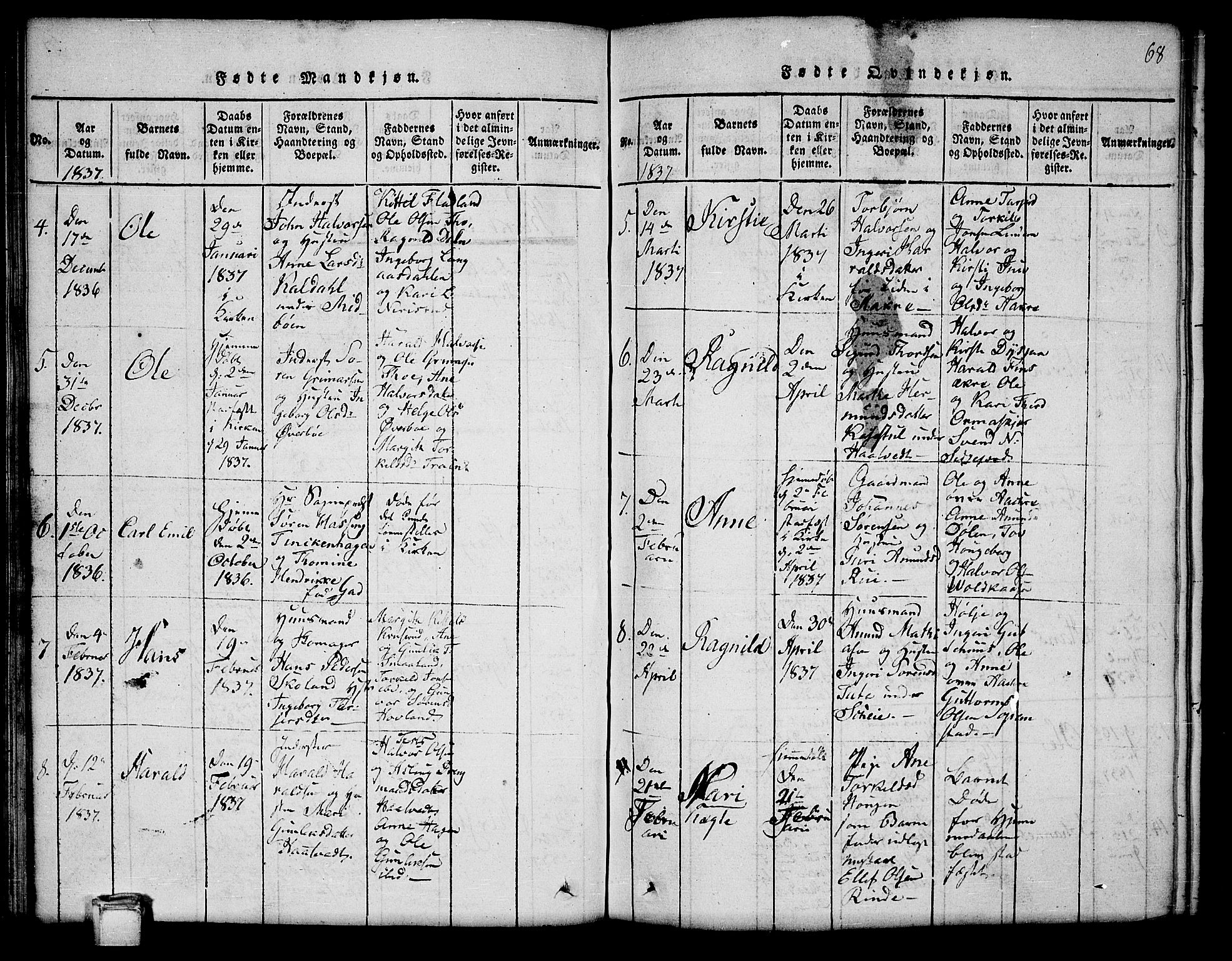 Hjartdal kirkebøker, SAKO/A-270/G/Ga/L0001: Parish register (copy) no. I 1, 1815-1842, p. 68