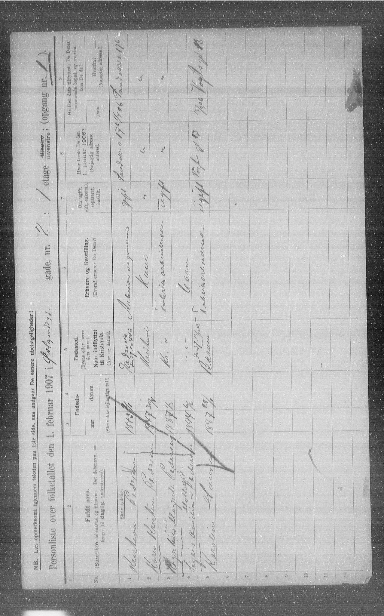 OBA, Municipal Census 1907 for Kristiania, 1907, p. 65607