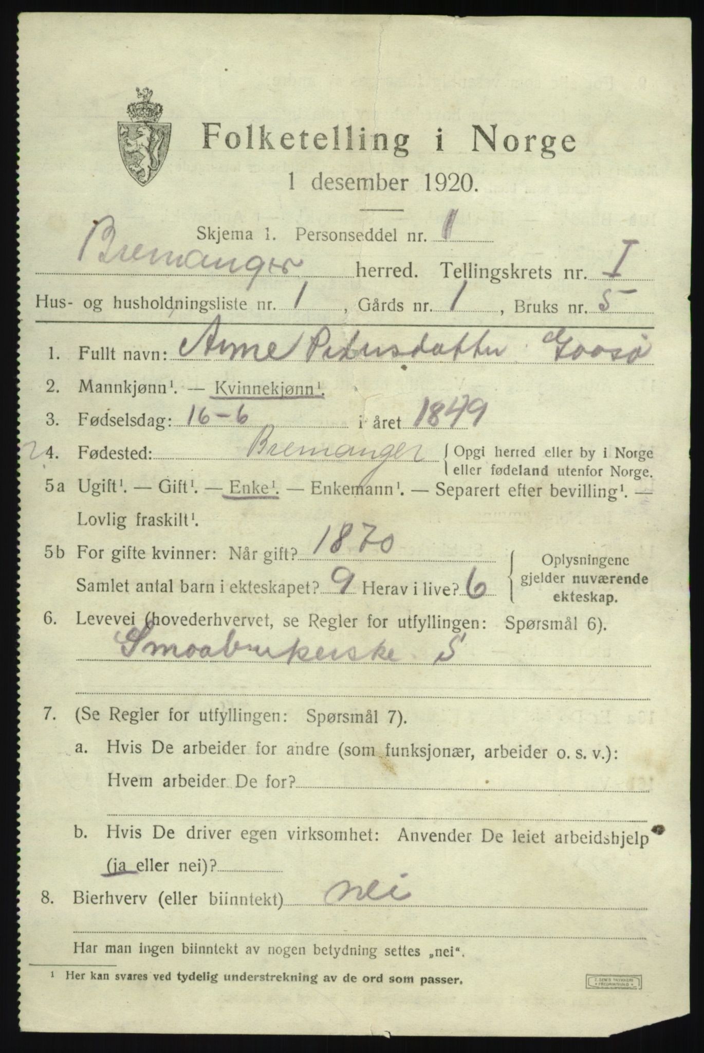 SAB, 1920 census for Bremanger, 1920, p. 980
