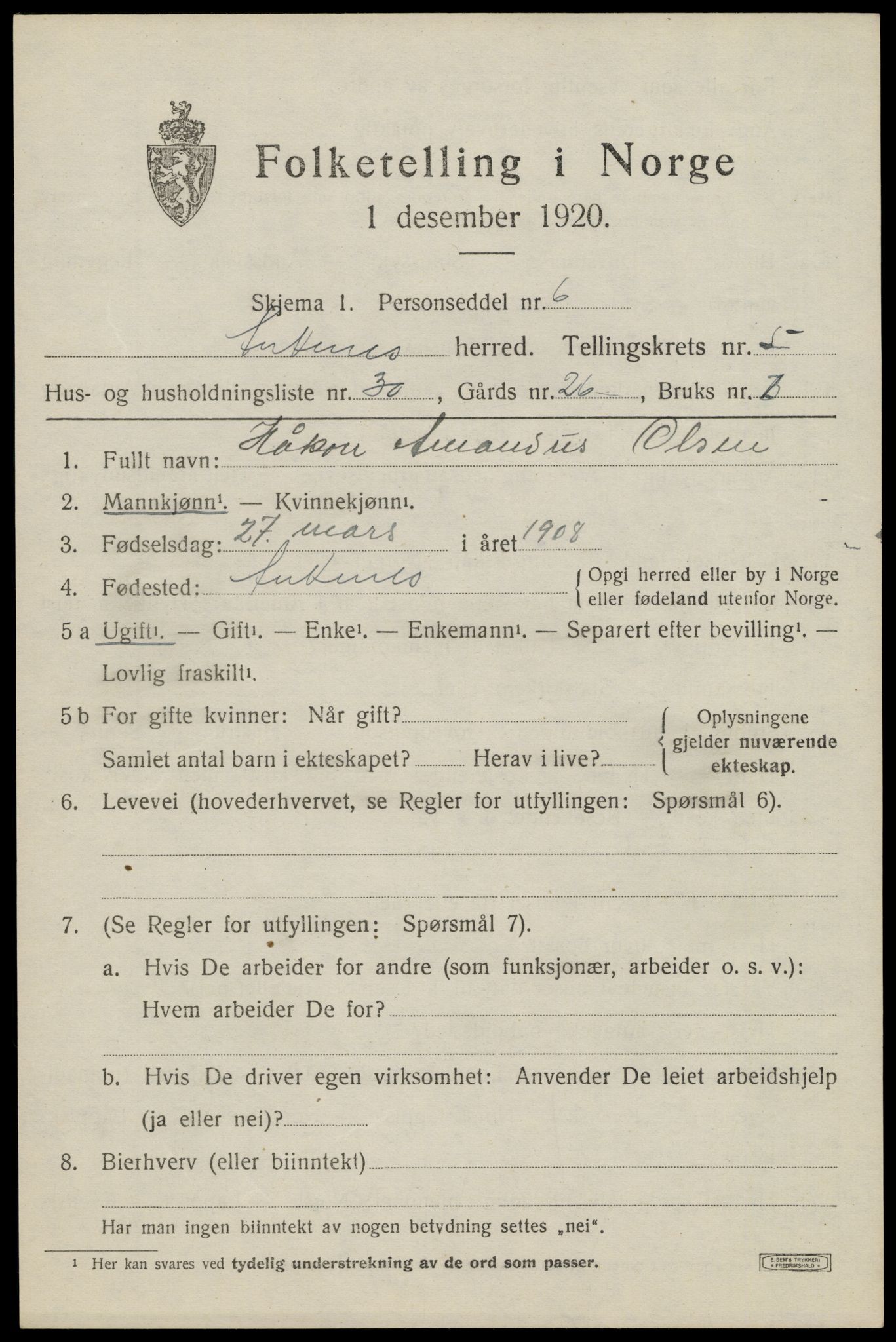 SAT, 1920 census for Ankenes, 1920, p. 3439