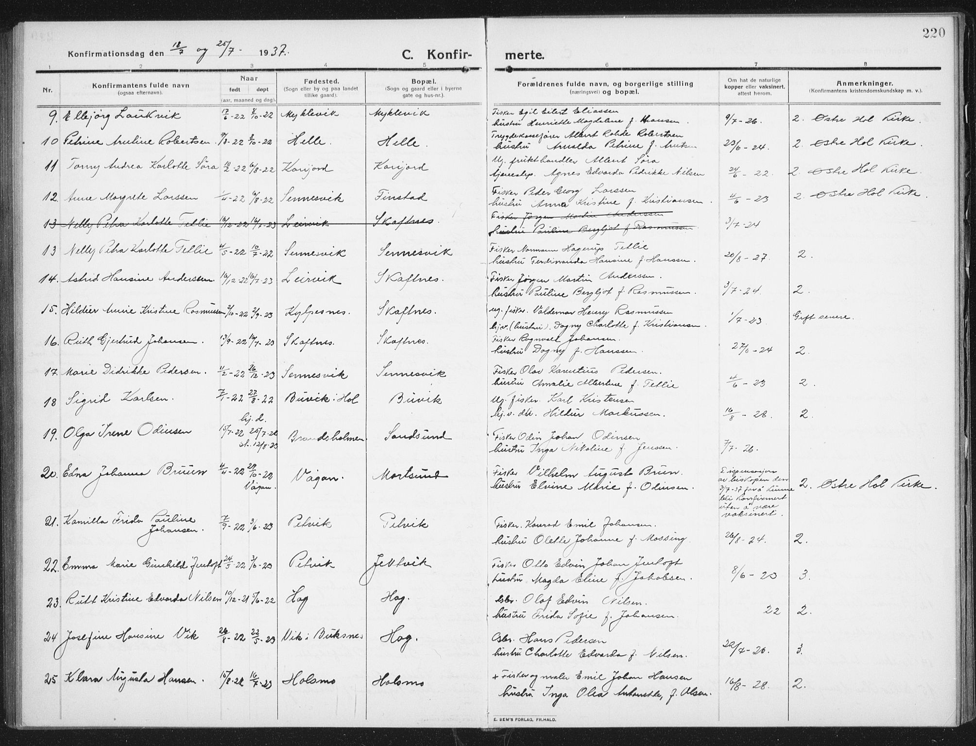 Ministerialprotokoller, klokkerbøker og fødselsregistre - Nordland, SAT/A-1459/882/L1183: Parish register (copy) no. 882C01, 1911-1938, p. 220