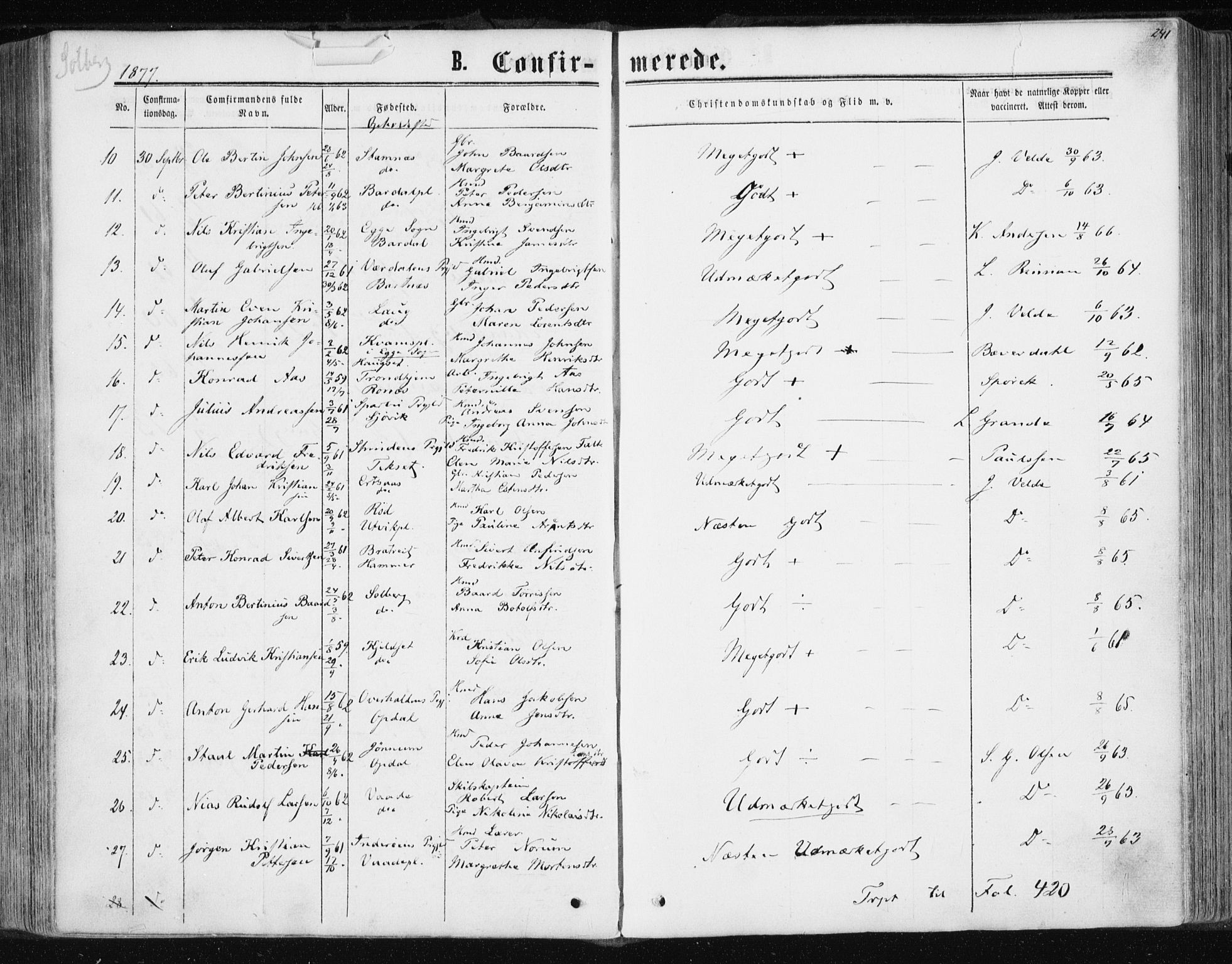 Ministerialprotokoller, klokkerbøker og fødselsregistre - Nord-Trøndelag, SAT/A-1458/741/L0394: Parish register (official) no. 741A08, 1864-1877, p. 241
