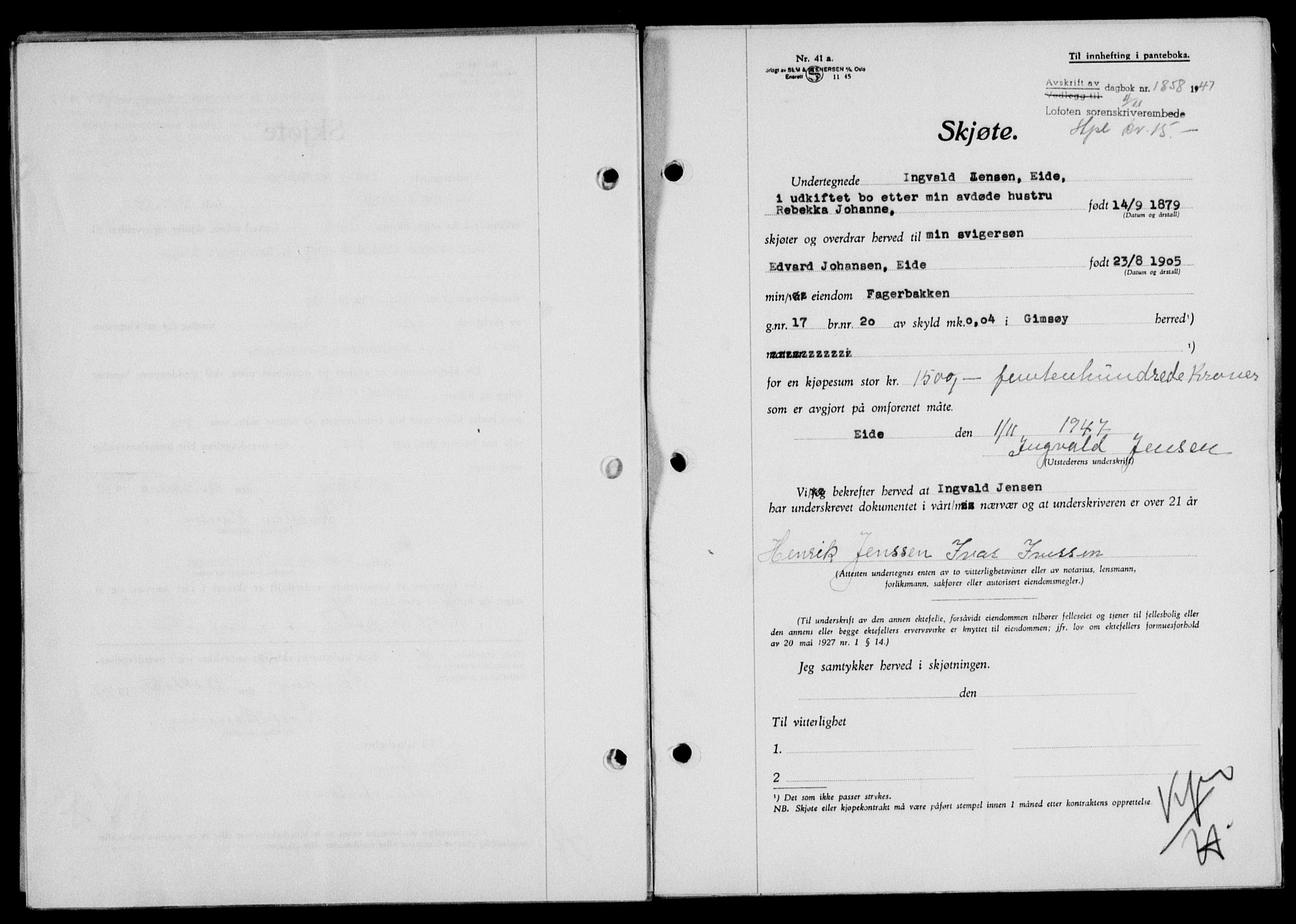 Lofoten sorenskriveri, SAT/A-0017/1/2/2C/L0017a: Mortgage book no. 17a, 1947-1948, Diary no: : 1858/1947