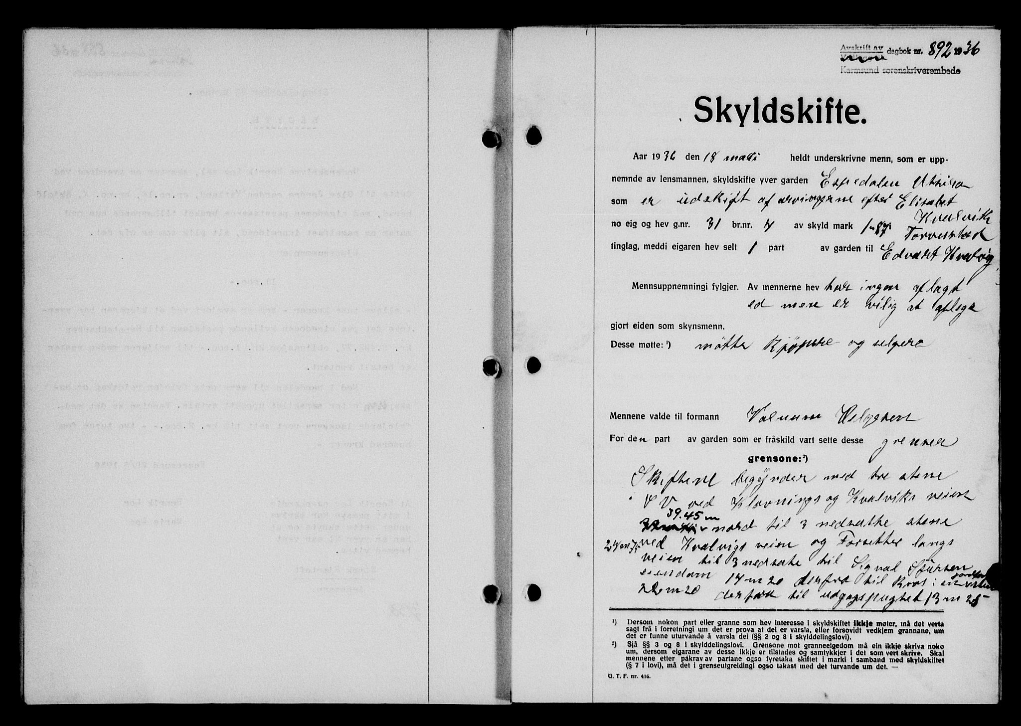Karmsund sorenskriveri, SAST/A-100311/01/II/IIB/L0066: Mortgage book no. 47A, 1936-1936, Diary no: : 892/1936