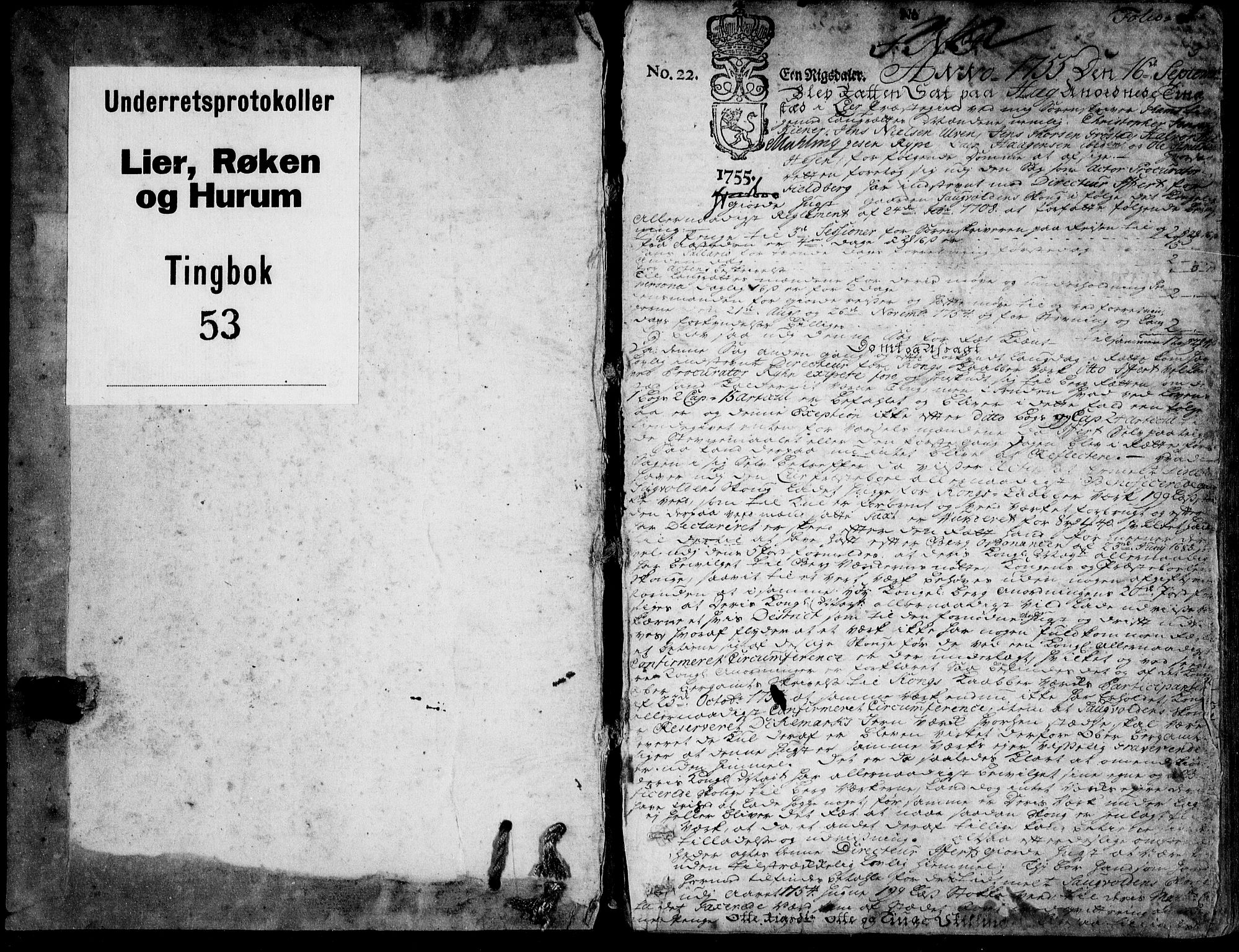 Lier, Røyken og Hurum sorenskriveri, SAKO/A-89/F/Fa/L0053: Tingbok, 1755-1761, p. 1