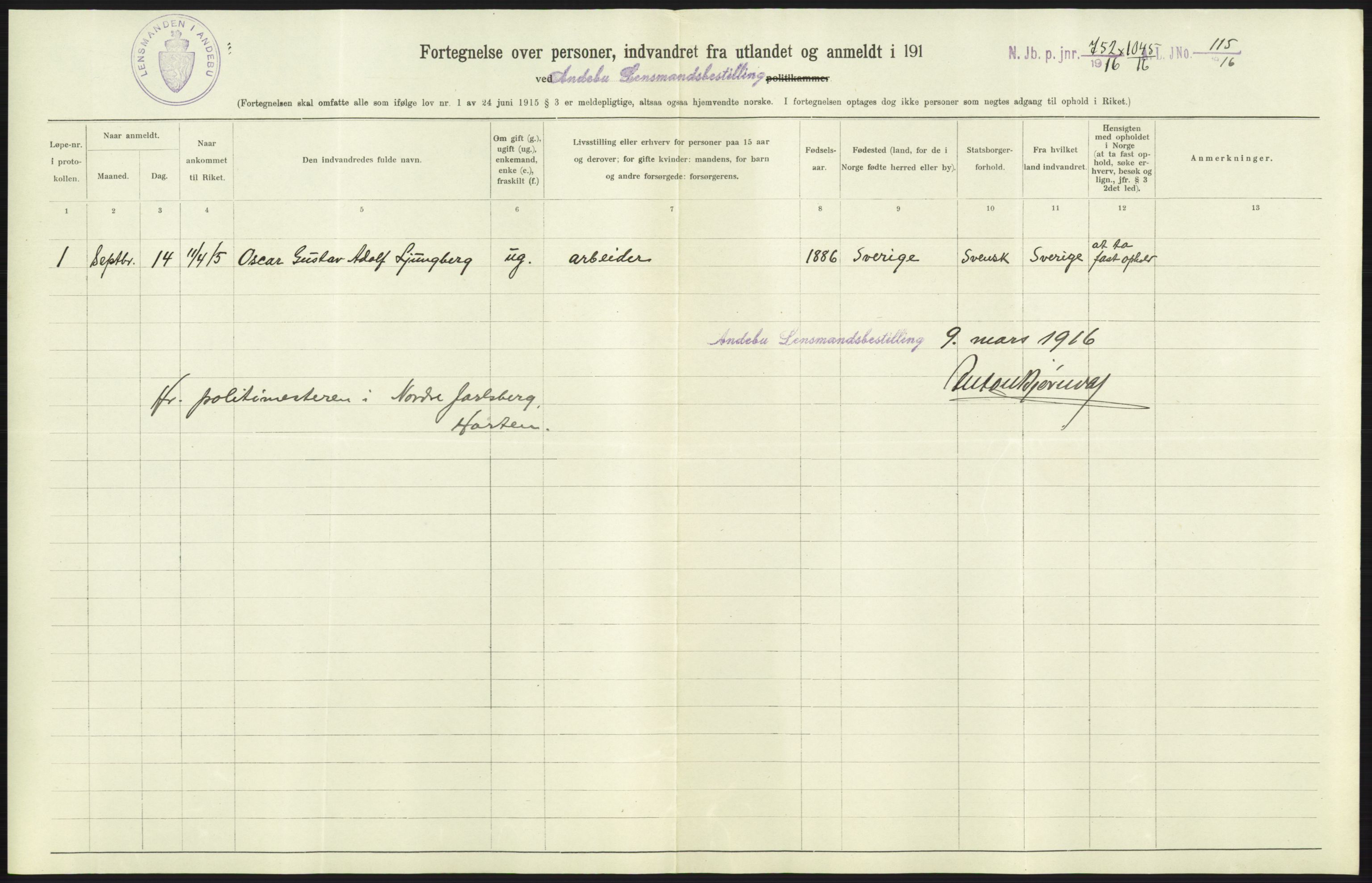 Nord-Jarlsberg politikammer, AV/SAKO-A-739/I/Ia/Iab/L0001: Emigrantprotokoll, 1912-1918, p. 199