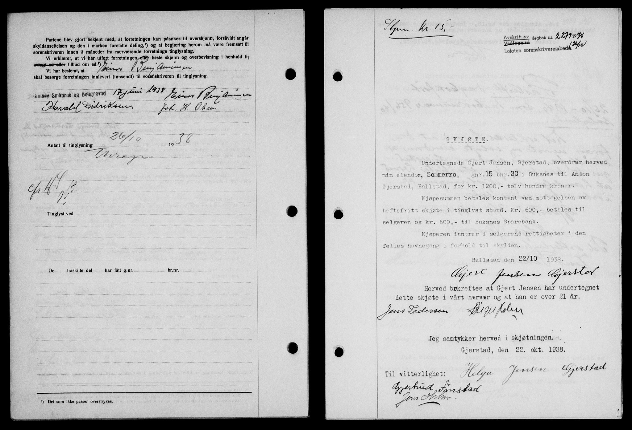 Lofoten sorenskriveri, SAT/A-0017/1/2/2C/L0004a: Mortgage book no. 4a, 1938-1938, Diary no: : 2279/1938