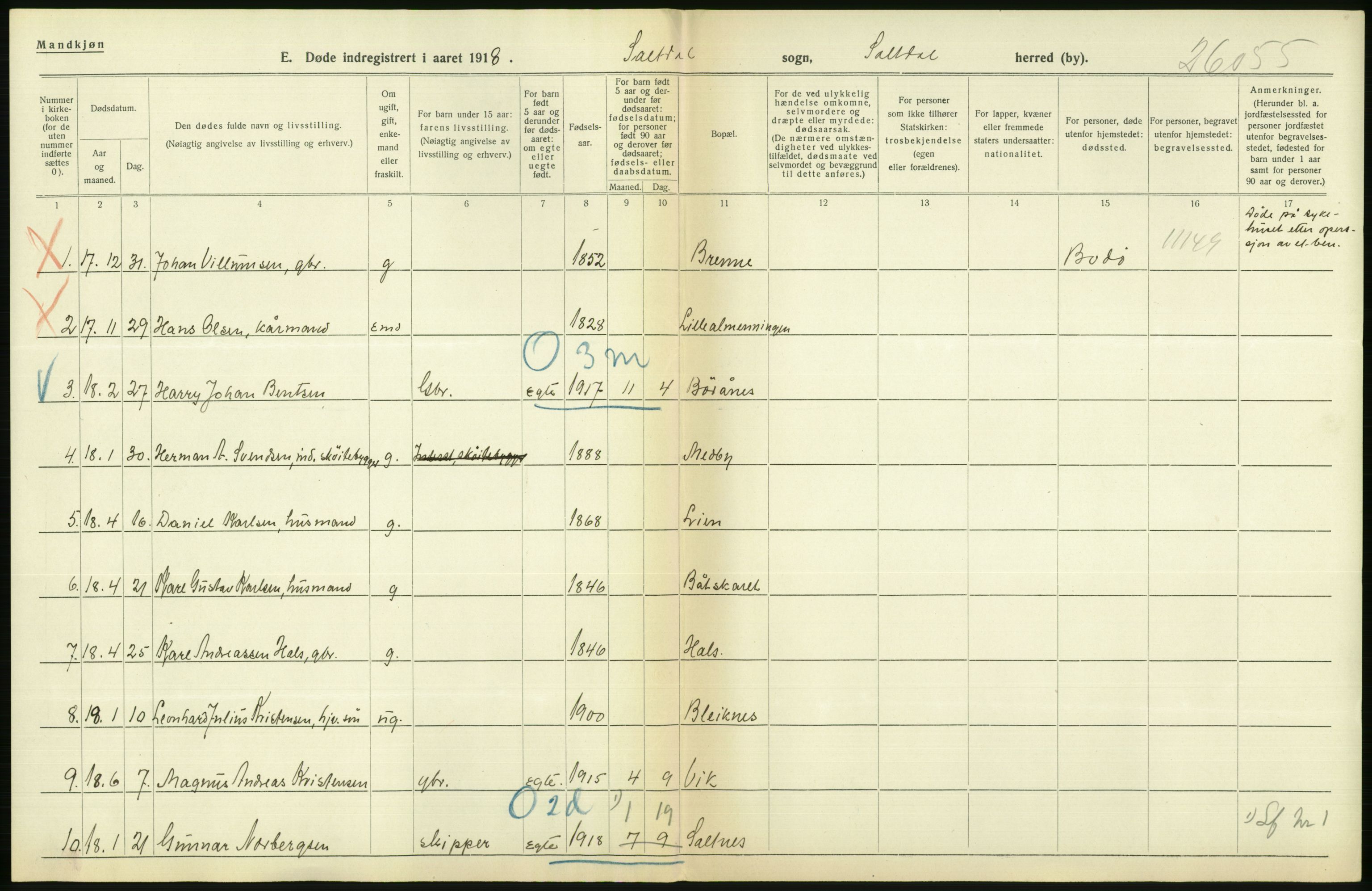 Statistisk sentralbyrå, Sosiodemografiske emner, Befolkning, AV/RA-S-2228/D/Df/Dfb/Dfbh/L0055: Nordland fylke: Døde. Bygder og byer., 1918, p. 330