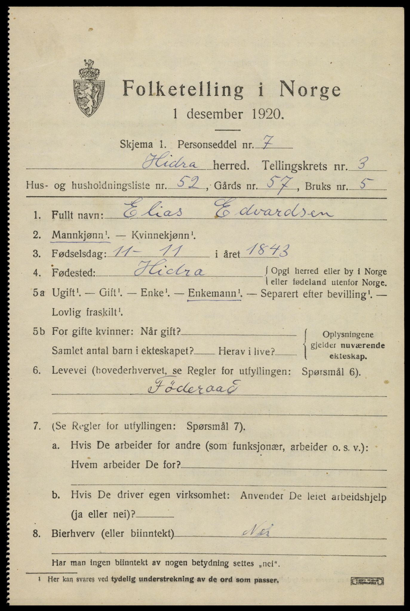 SAK, 1920 census for Hidra, 1920, p. 2084