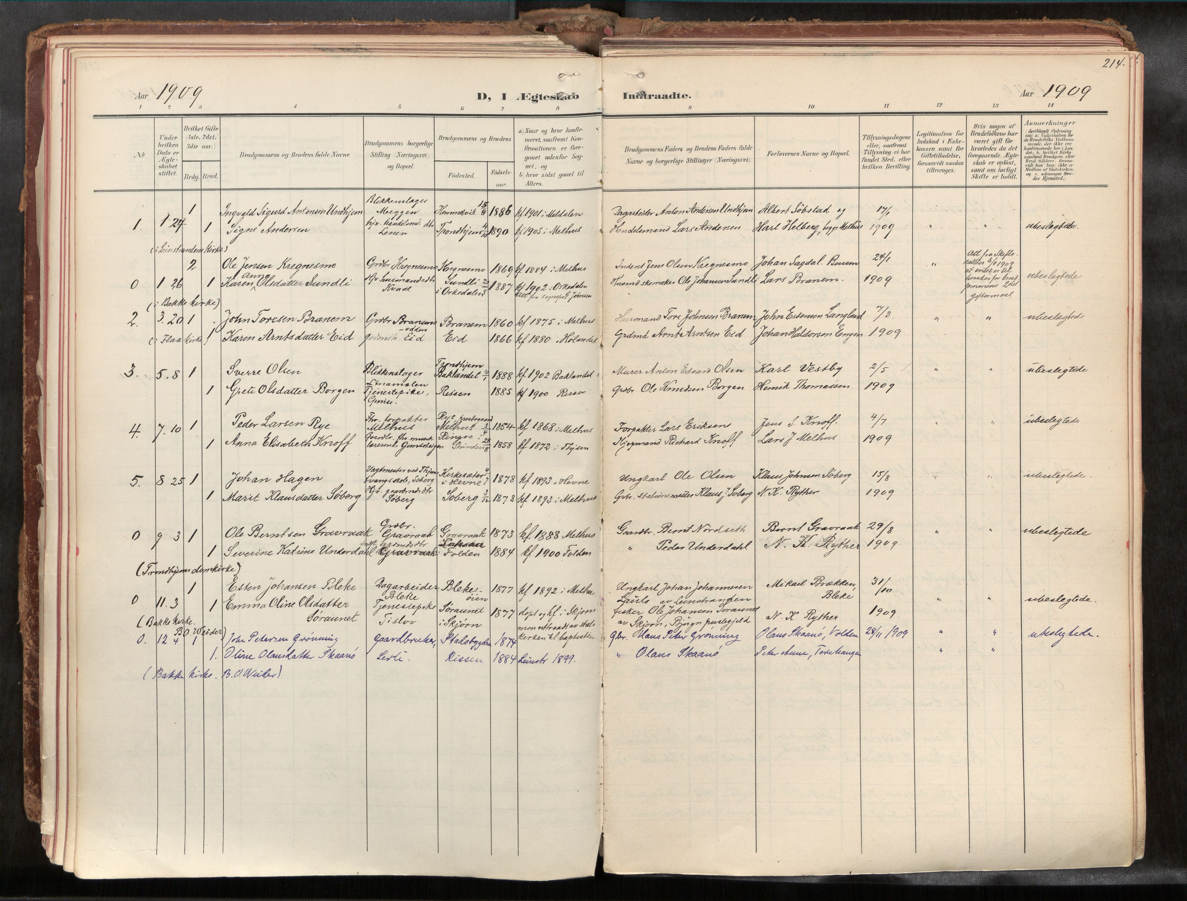 Ministerialprotokoller, klokkerbøker og fødselsregistre - Sør-Trøndelag, AV/SAT-A-1456/691/L1085b: Parish register (official) no. 691A18, 1908-1930, p. 214