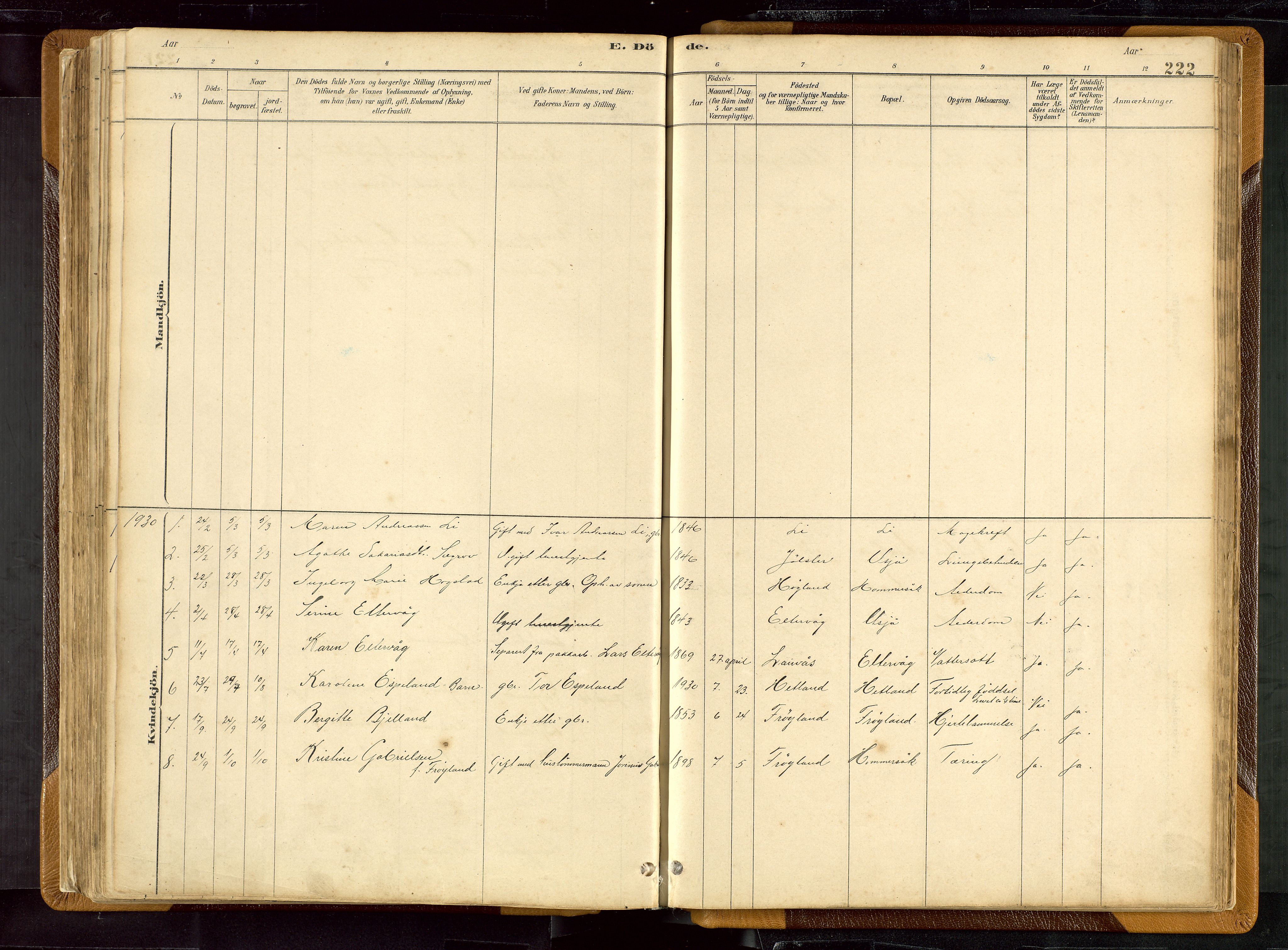 Hetland sokneprestkontor, SAST/A-101826/30/30BB/L0007: Parish register (copy) no. B 7, 1878-1910, p. 222