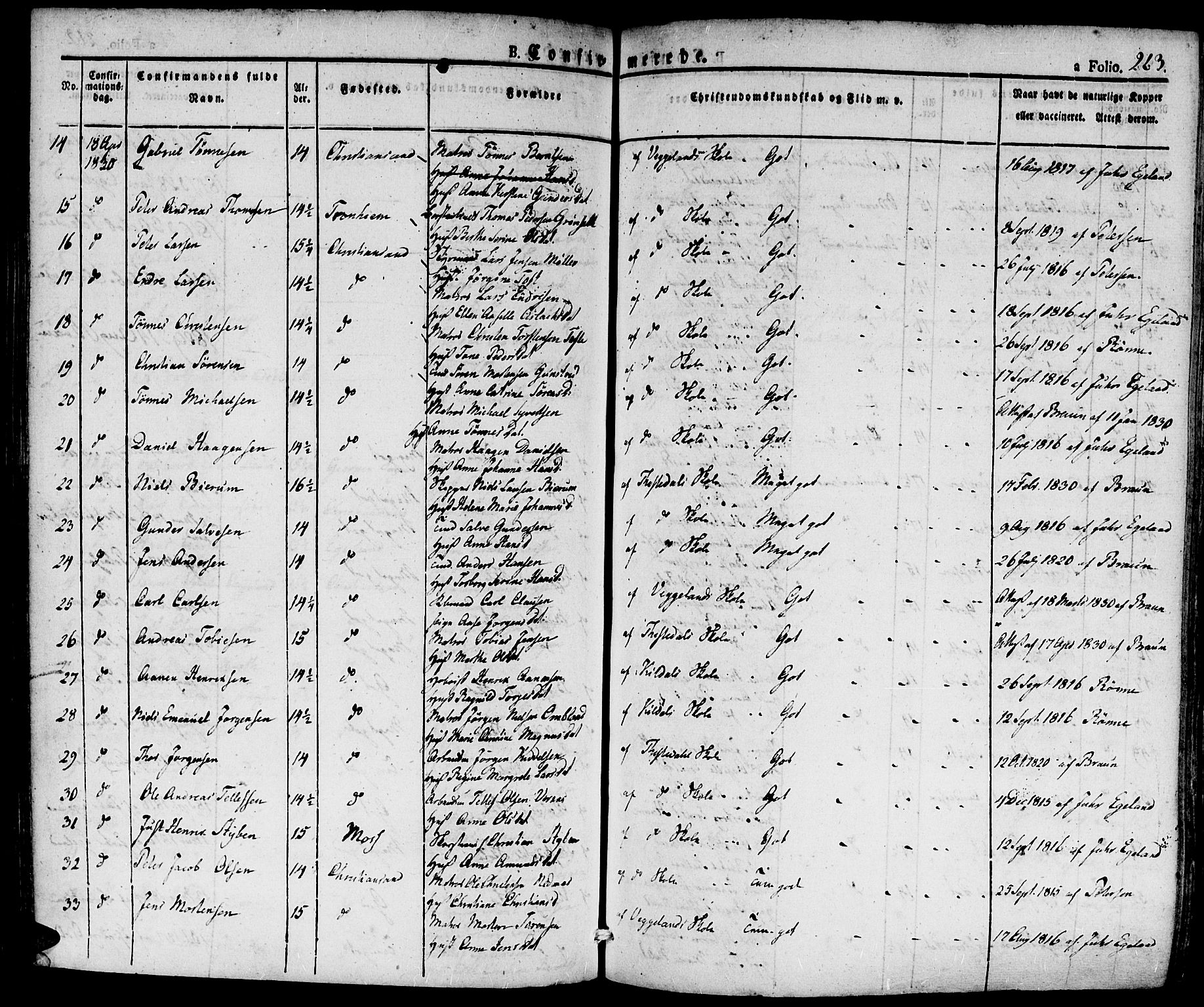 Kristiansand domprosti, SAK/1112-0006/F/Fa/L0011: Parish register (official) no. A 11, 1827-1841, p. 263