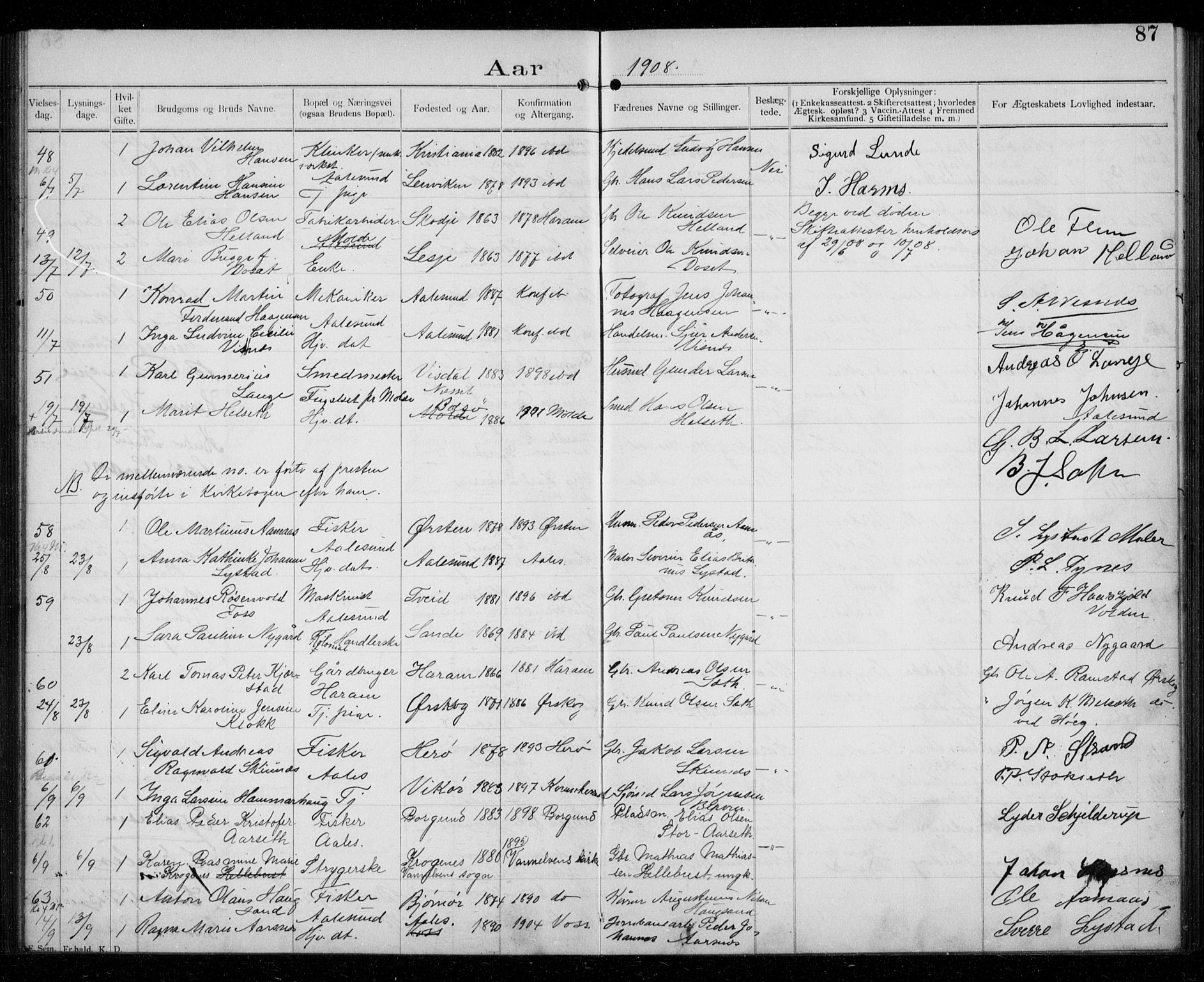 Ministerialprotokoller, klokkerbøker og fødselsregistre - Møre og Romsdal, AV/SAT-A-1454/529/L0458: Banns register no. 529A08, 1901-1918, p. 87