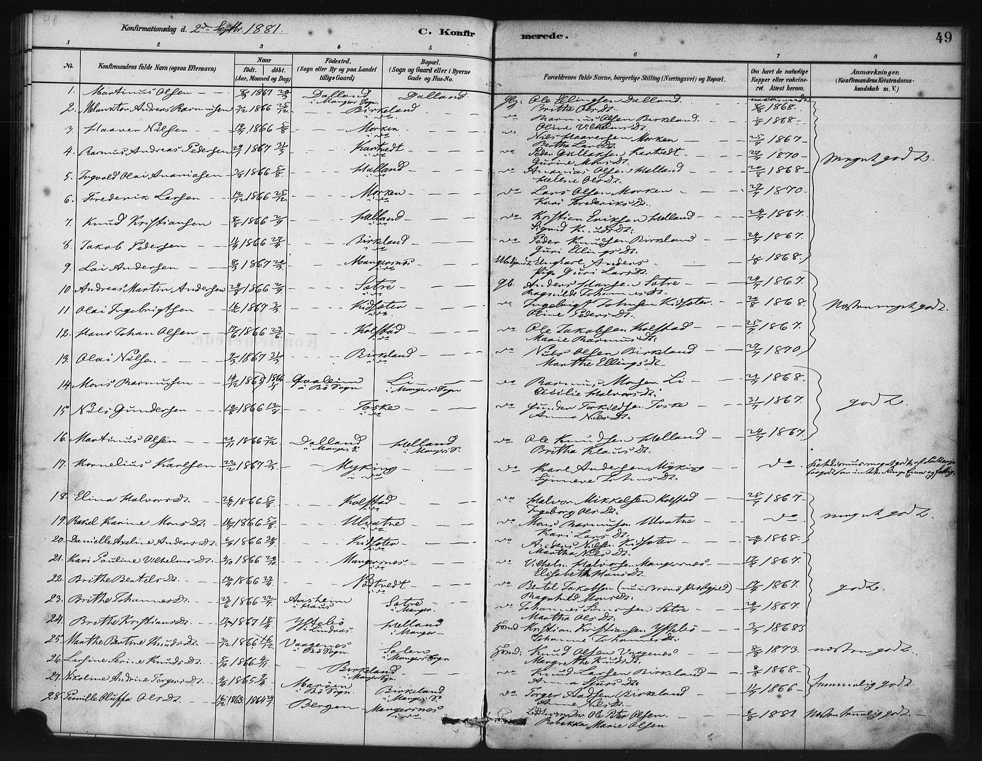 Manger sokneprestembete, SAB/A-76801/H/Haa: Parish register (official) no. B 1, 1881-1892, p. 49