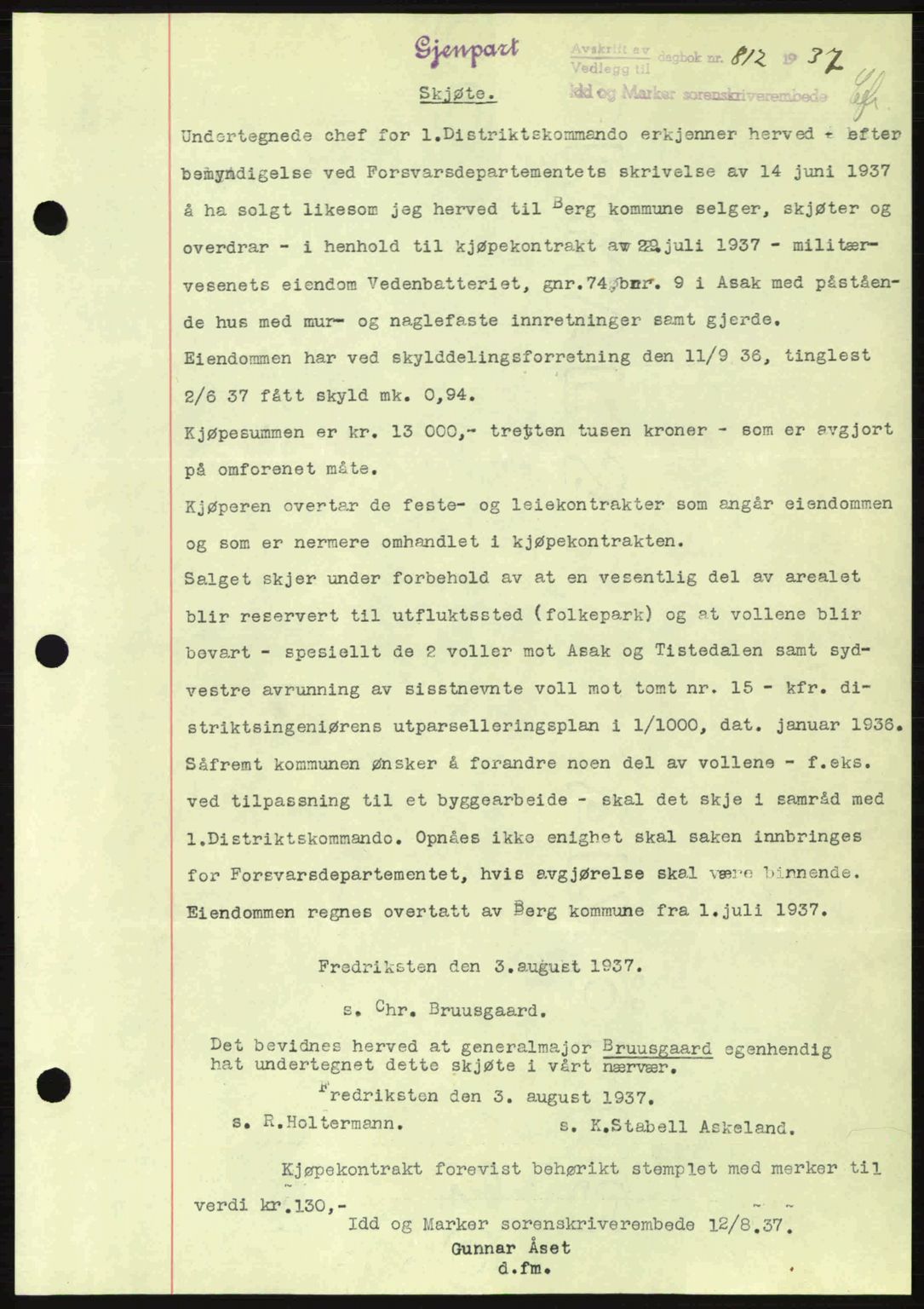 Idd og Marker sorenskriveri, AV/SAO-A-10283/G/Gb/Gbb/L0002: Mortgage book no. A2, 1937-1938, Diary no: : 812/1937