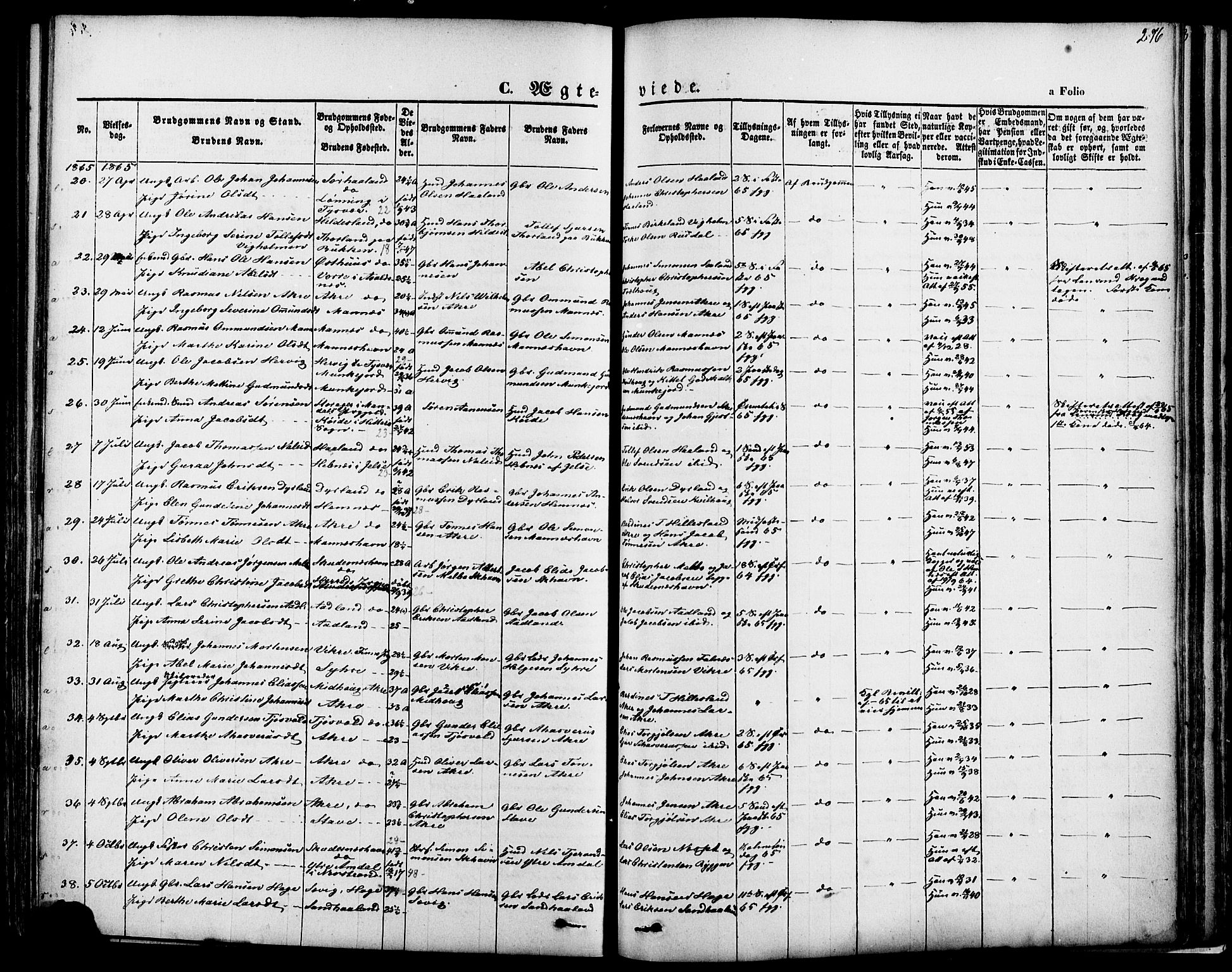 Skudenes sokneprestkontor, SAST/A -101849/H/Ha/Haa/L0006: Parish register (official) no. A 4, 1864-1881, p. 276