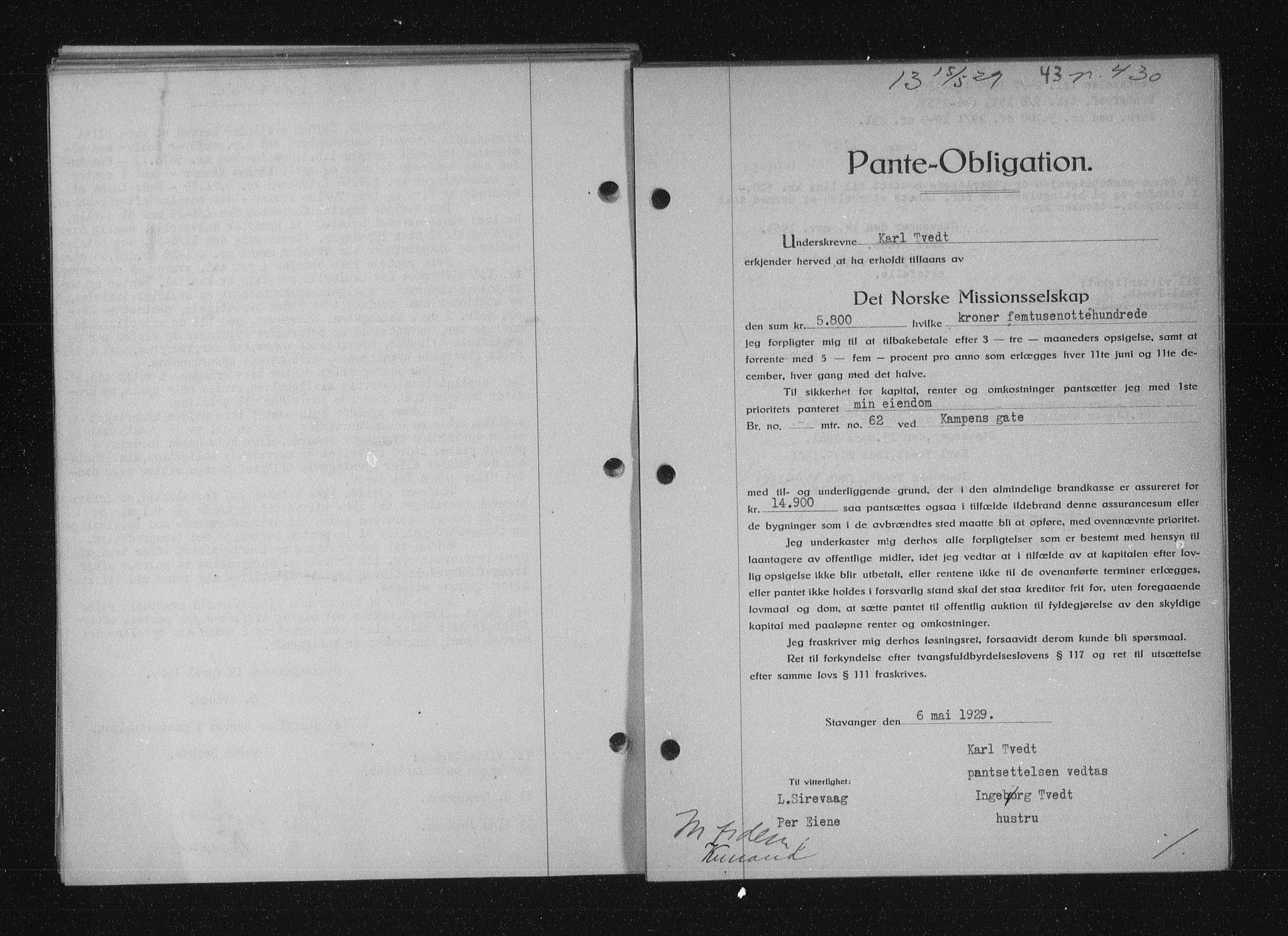 Stavanger byfogd, SAST/A-101408/001/4/41/410/410BB/L0055: Mortgage book no. 43, 1928-1929, Deed date: 15.05.1929