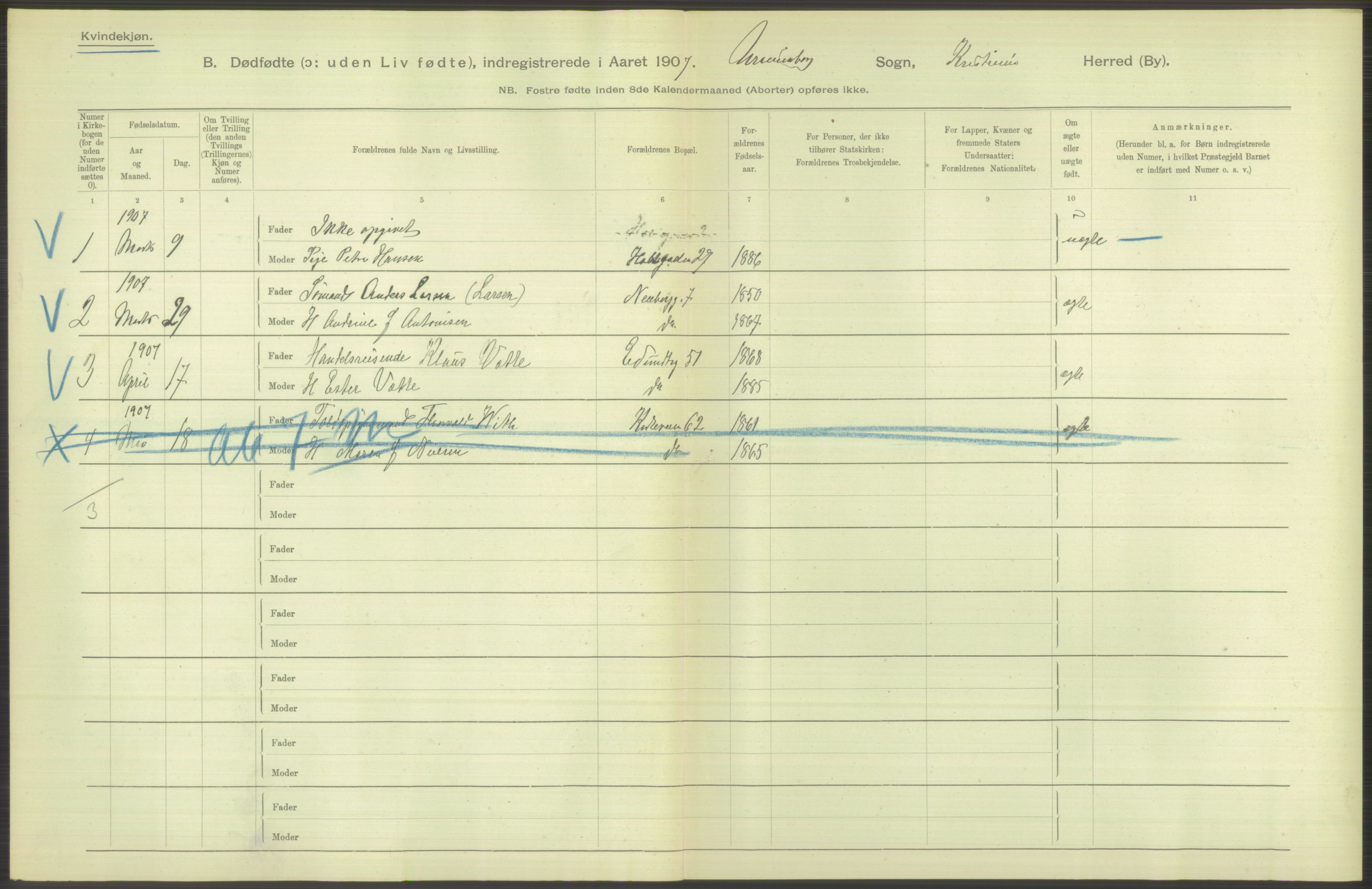 Statistisk sentralbyrå, Sosiodemografiske emner, Befolkning, RA/S-2228/D/Df/Dfa/Dfae/L0010: Kristiania: Døde, dødfødte, 1907, p. 130