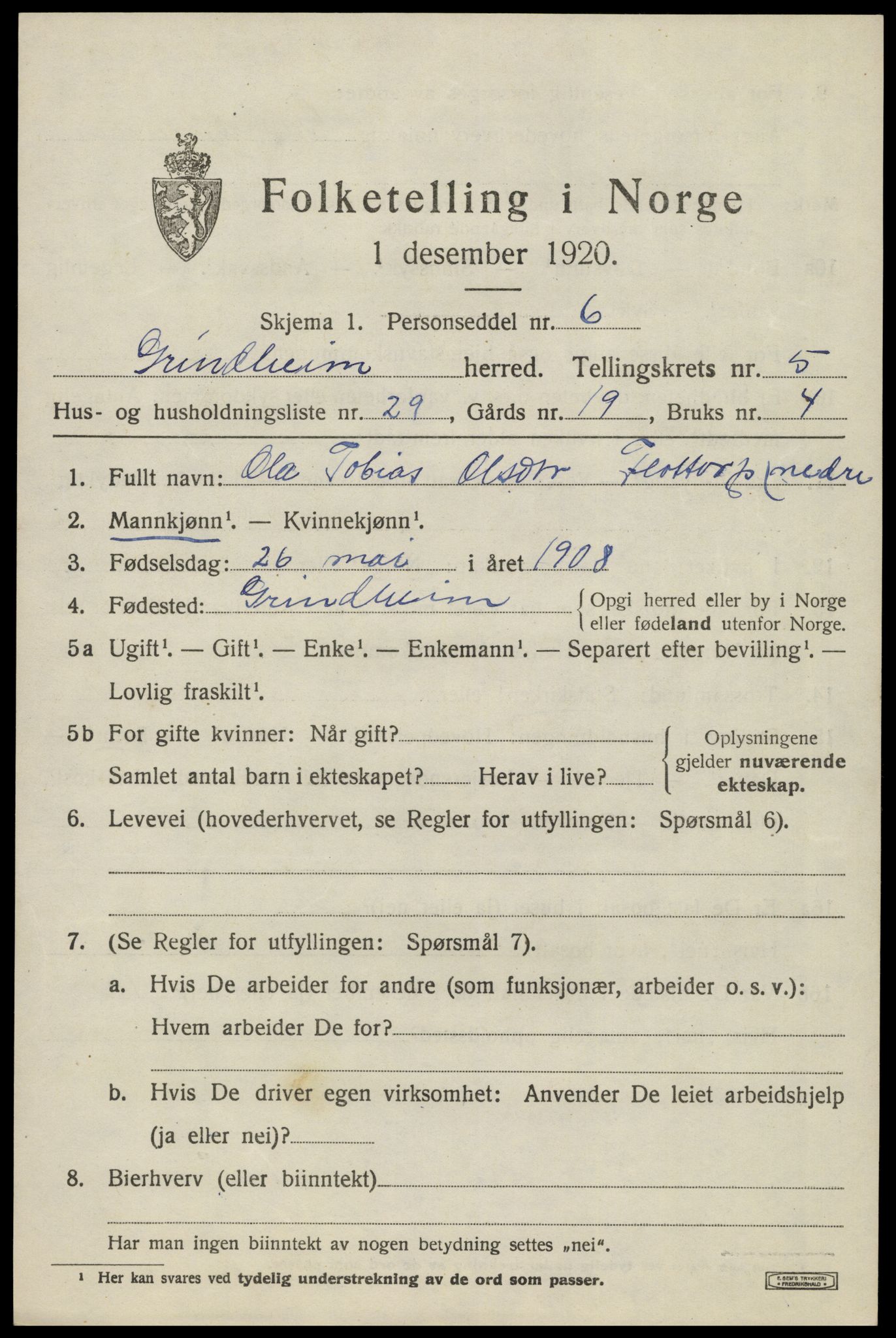 SAK, 1920 census for Grindheim, 1920, p. 1861