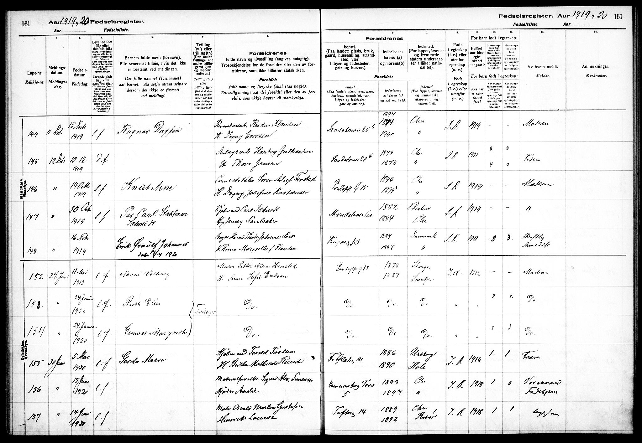 Sagene prestekontor Kirkebøker, AV/SAO-A-10796/J/L0001: Birth register no. 1, 1916-1920, p. 161