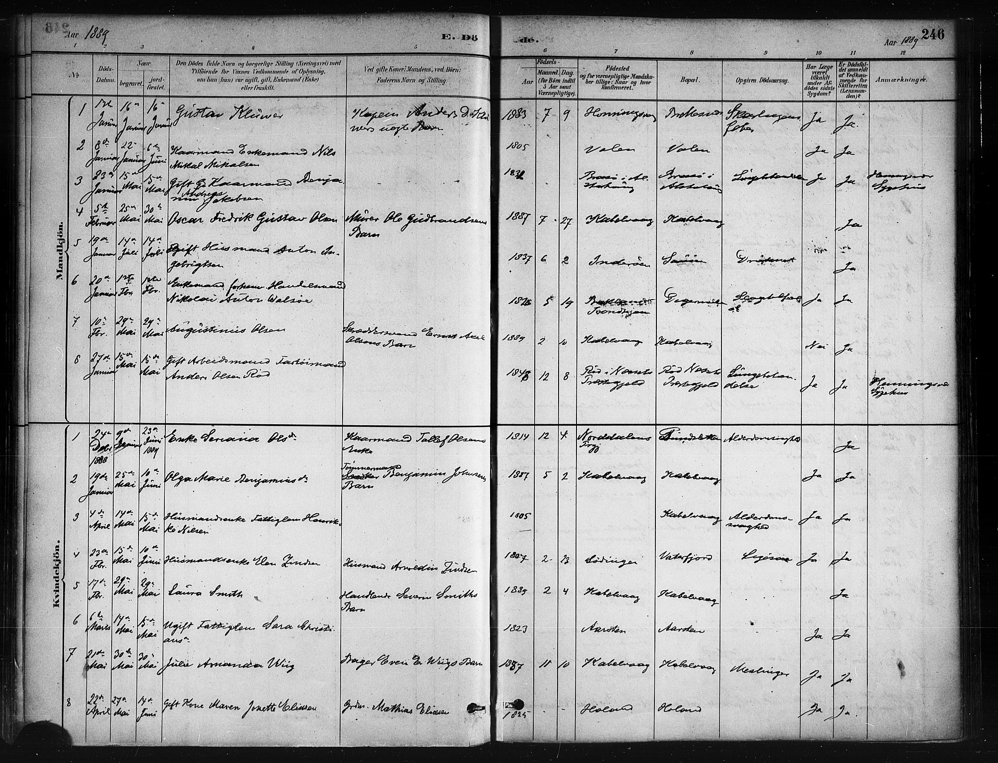 Ministerialprotokoller, klokkerbøker og fødselsregistre - Nordland, AV/SAT-A-1459/874/L1059: Parish register (official) no. 874A03, 1884-1890, p. 246