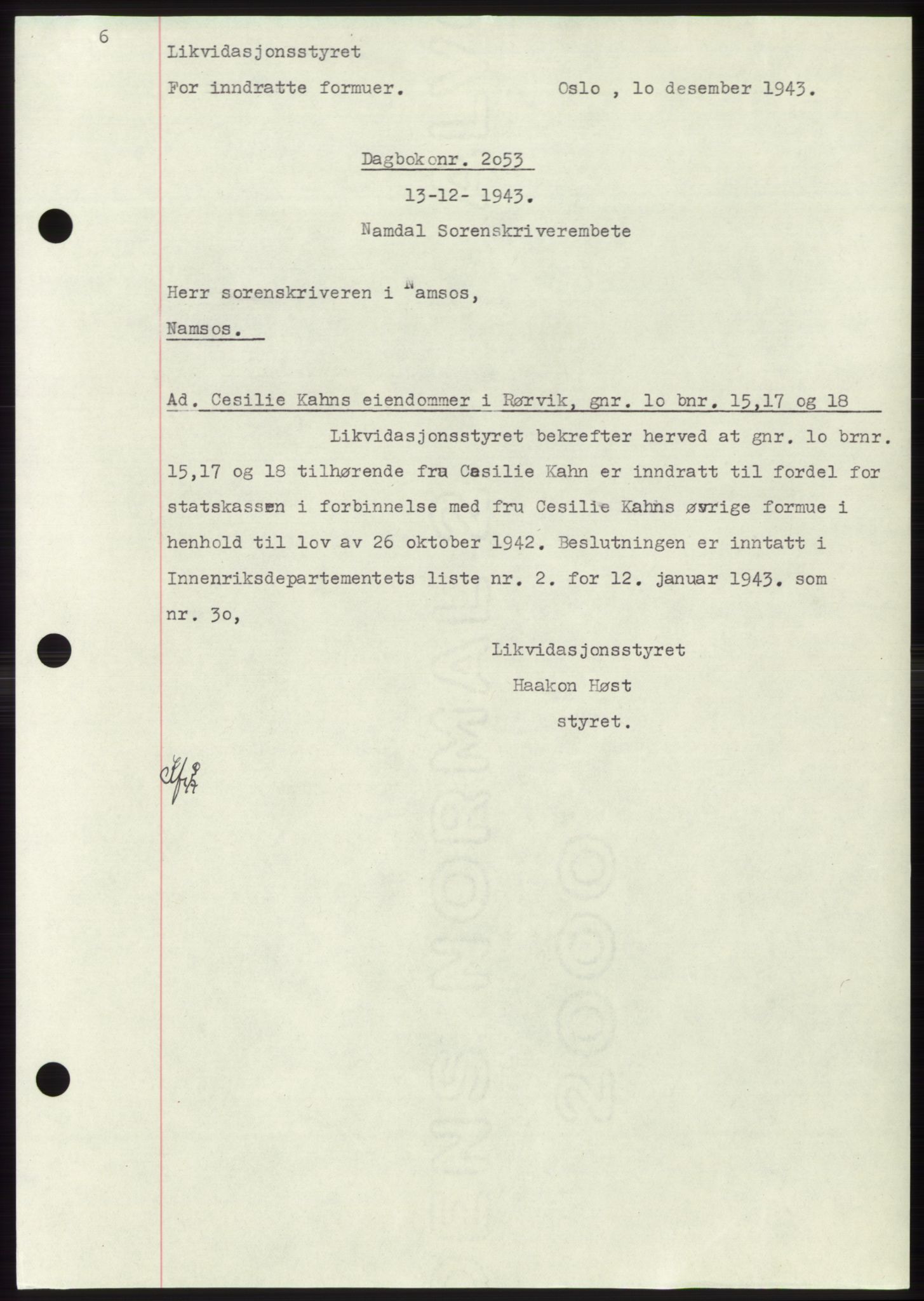 Namdal sorenskriveri, AV/SAT-A-4133/1/2/2C: Mortgage book no. -, 1943-1944, Diary no: : 2053/1943