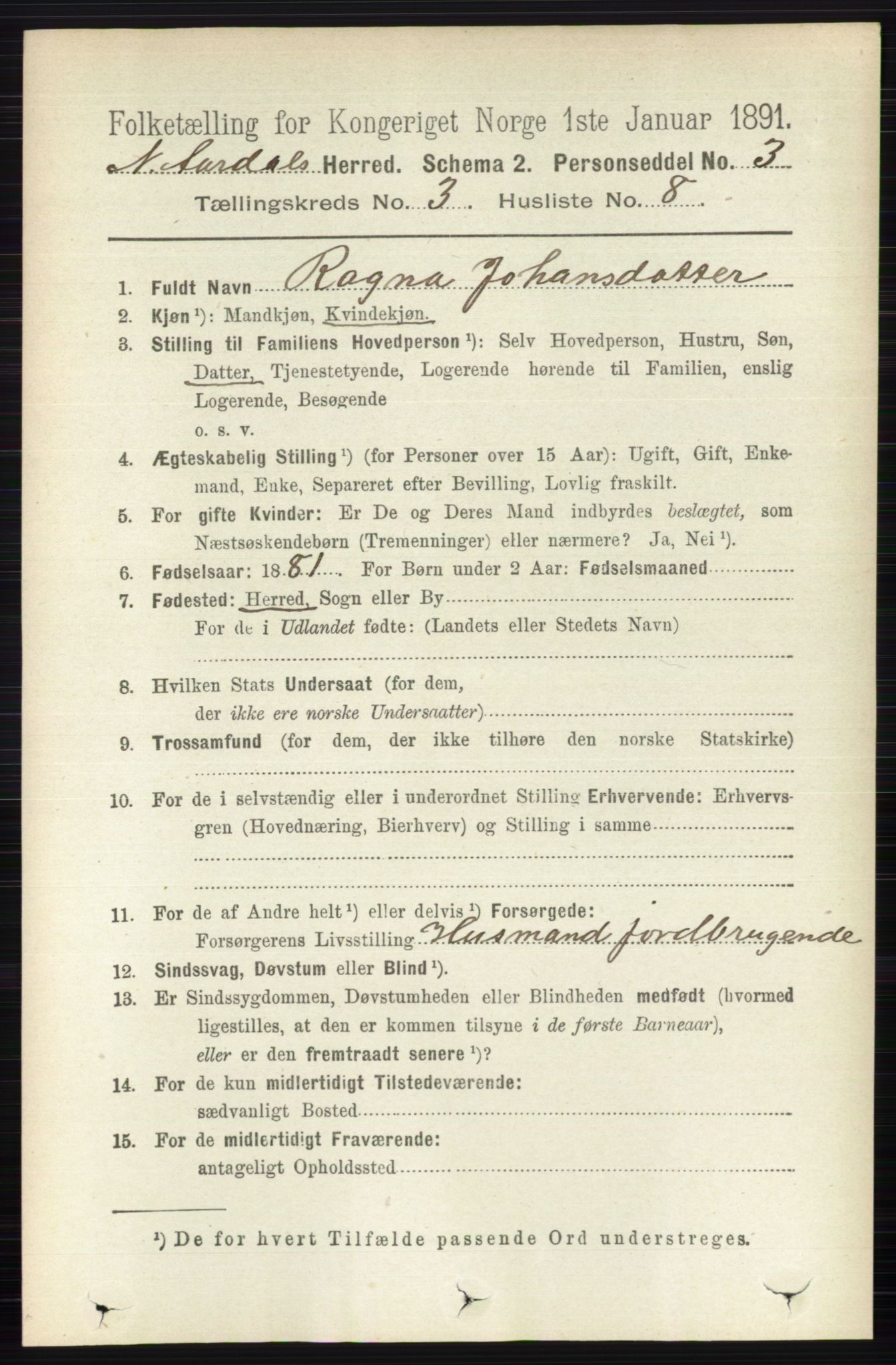 RA, 1891 census for 0542 Nord-Aurdal, 1891, p. 990