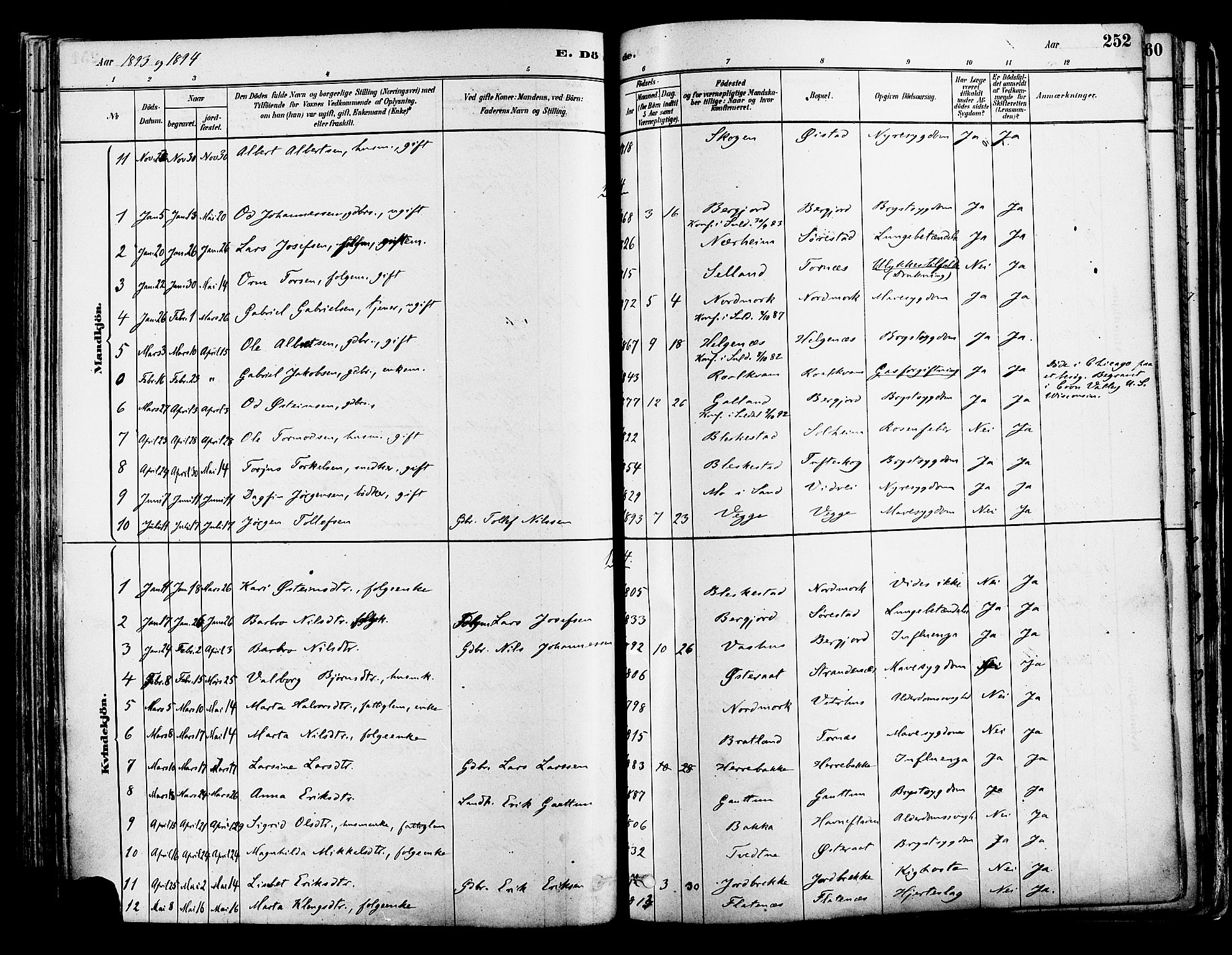 Suldal sokneprestkontor, AV/SAST-A-101845/01/IV/L0011: Parish register (official) no. A 11, 1878-1900, p. 252