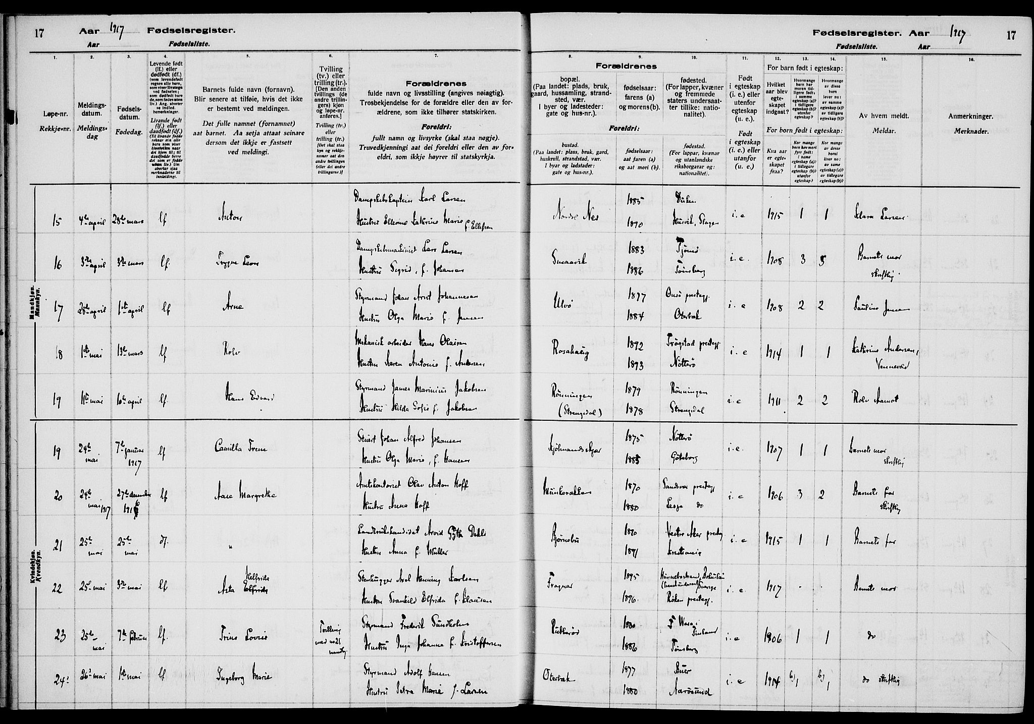 Nøtterøy kirkebøker, AV/SAKO-A-354/J/Ja/L0001: Birth register no. 1, 1916-1928, p. 17