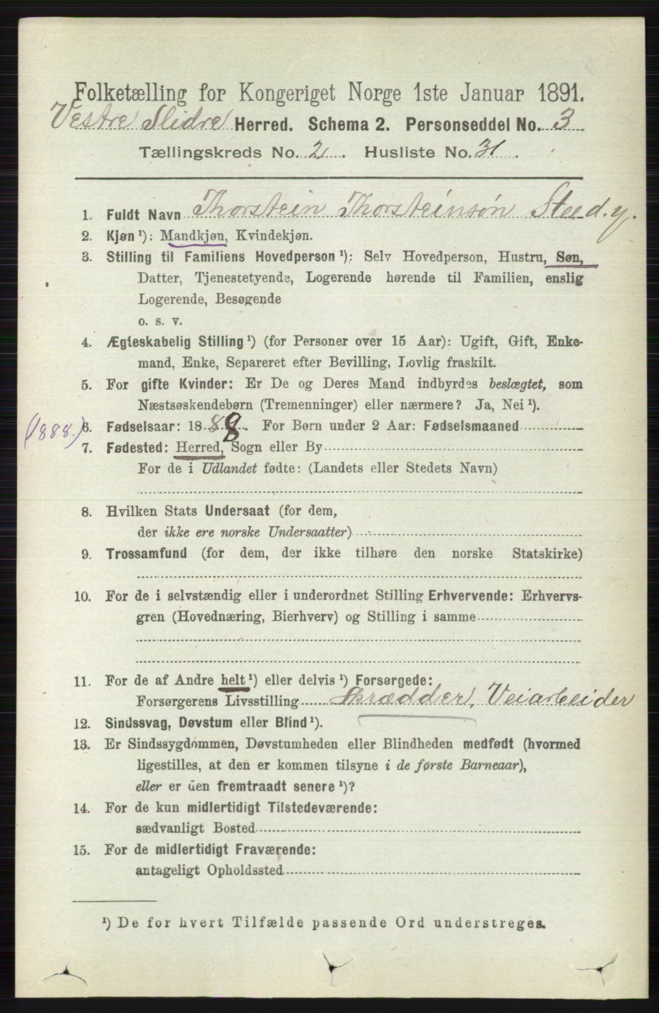 RA, 1891 census for 0543 Vestre Slidre, 1891, p. 707