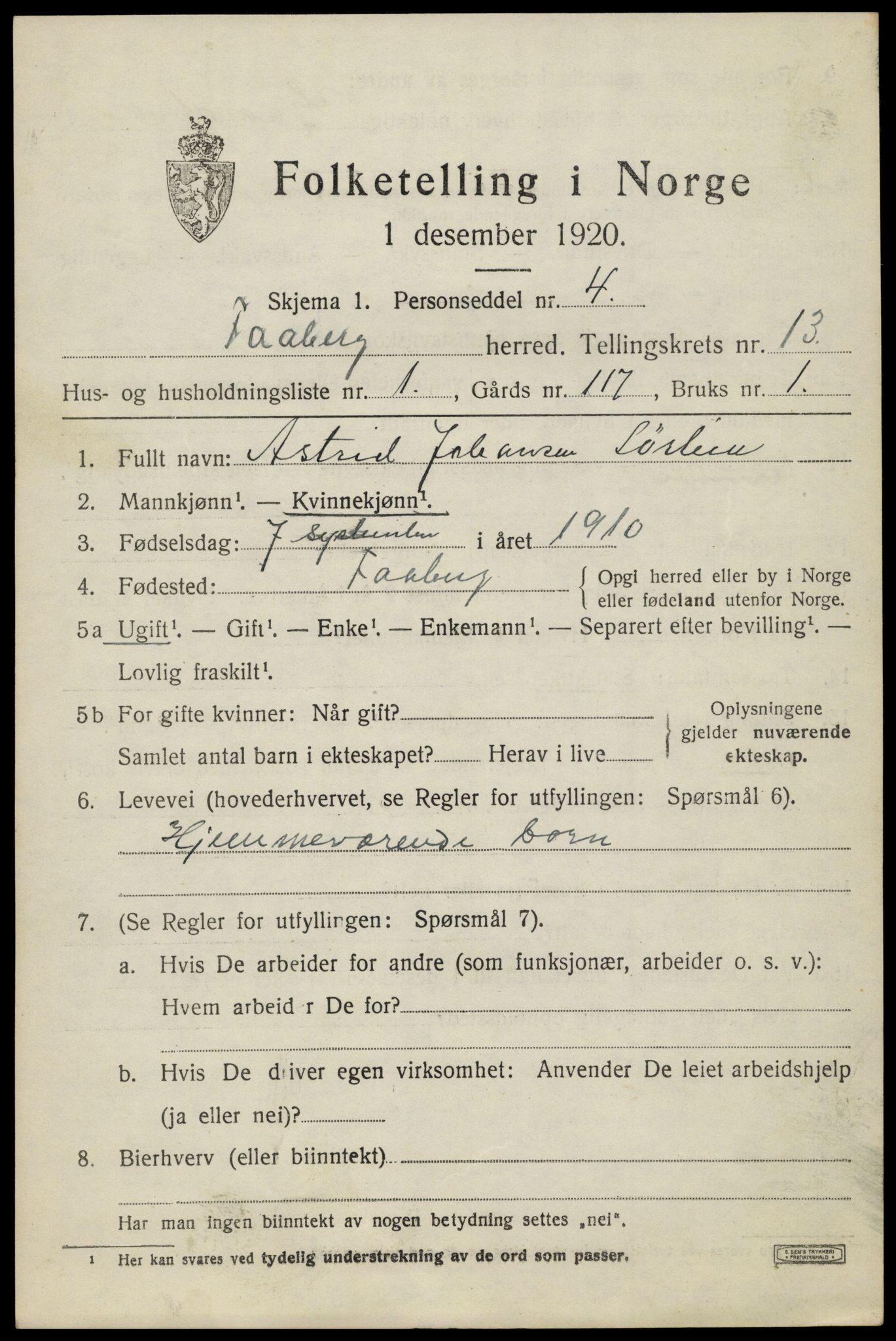 SAH, 1920 census for Fåberg, 1920, p. 13876
