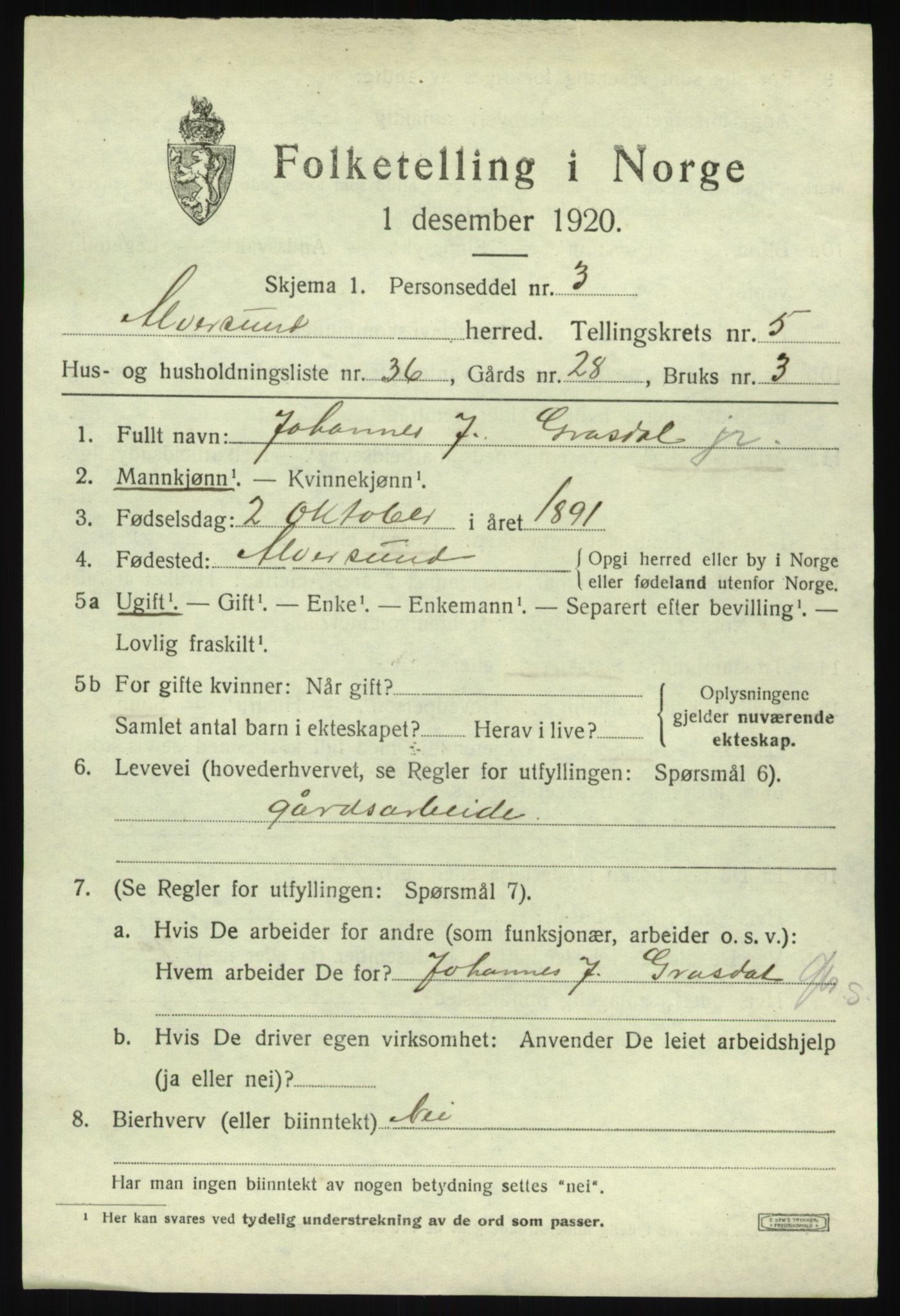 SAB, 1920 census for Alversund, 1920, p. 4452