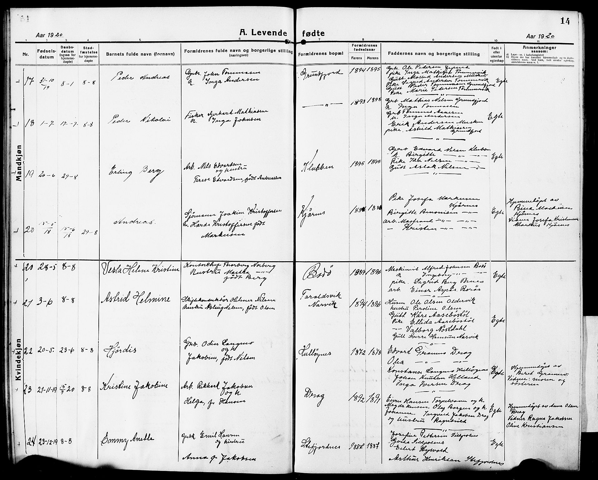 Ministerialprotokoller, klokkerbøker og fødselsregistre - Nordland, AV/SAT-A-1459/861/L0878: Parish register (copy) no. 861C04, 1917-1928, p. 14