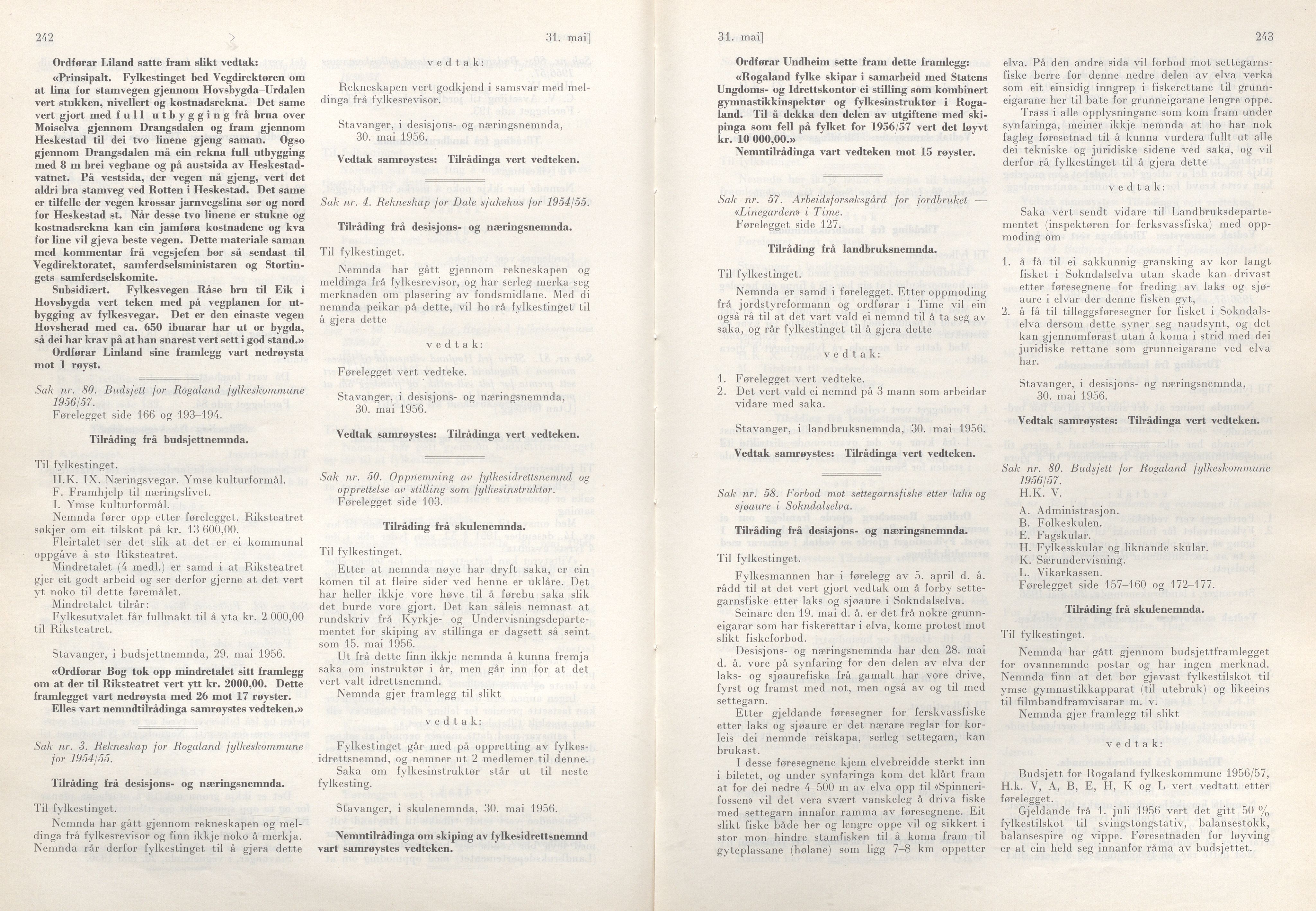 Rogaland fylkeskommune - Fylkesrådmannen , IKAR/A-900/A/Aa/Aaa/L0075: Møtebok , 1956, p. 242-243