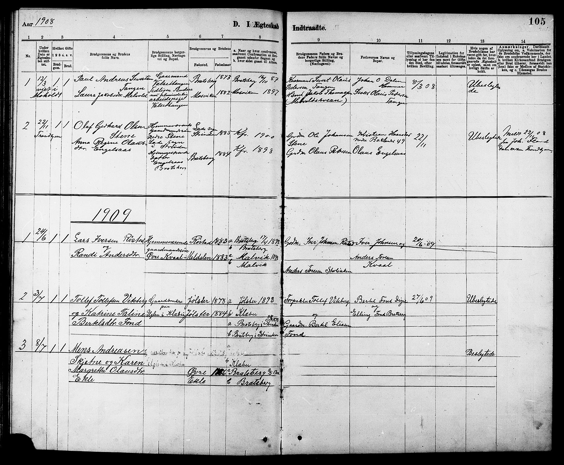 Ministerialprotokoller, klokkerbøker og fødselsregistre - Sør-Trøndelag, SAT/A-1456/608/L0341: Parish register (copy) no. 608C07, 1890-1912, p. 105