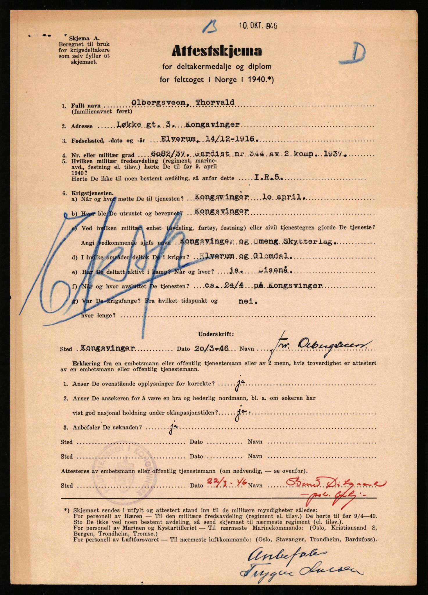 Forsvaret, Jegerkorpset - Akershus infantriregiment nr. 4, AV/RA-RAFA-2947/D/Dd/L0056: DELTAKERMEDALJEN 2. VERDENSKRIG BOKS 4 N-Ø, 1945-1950, p. 168