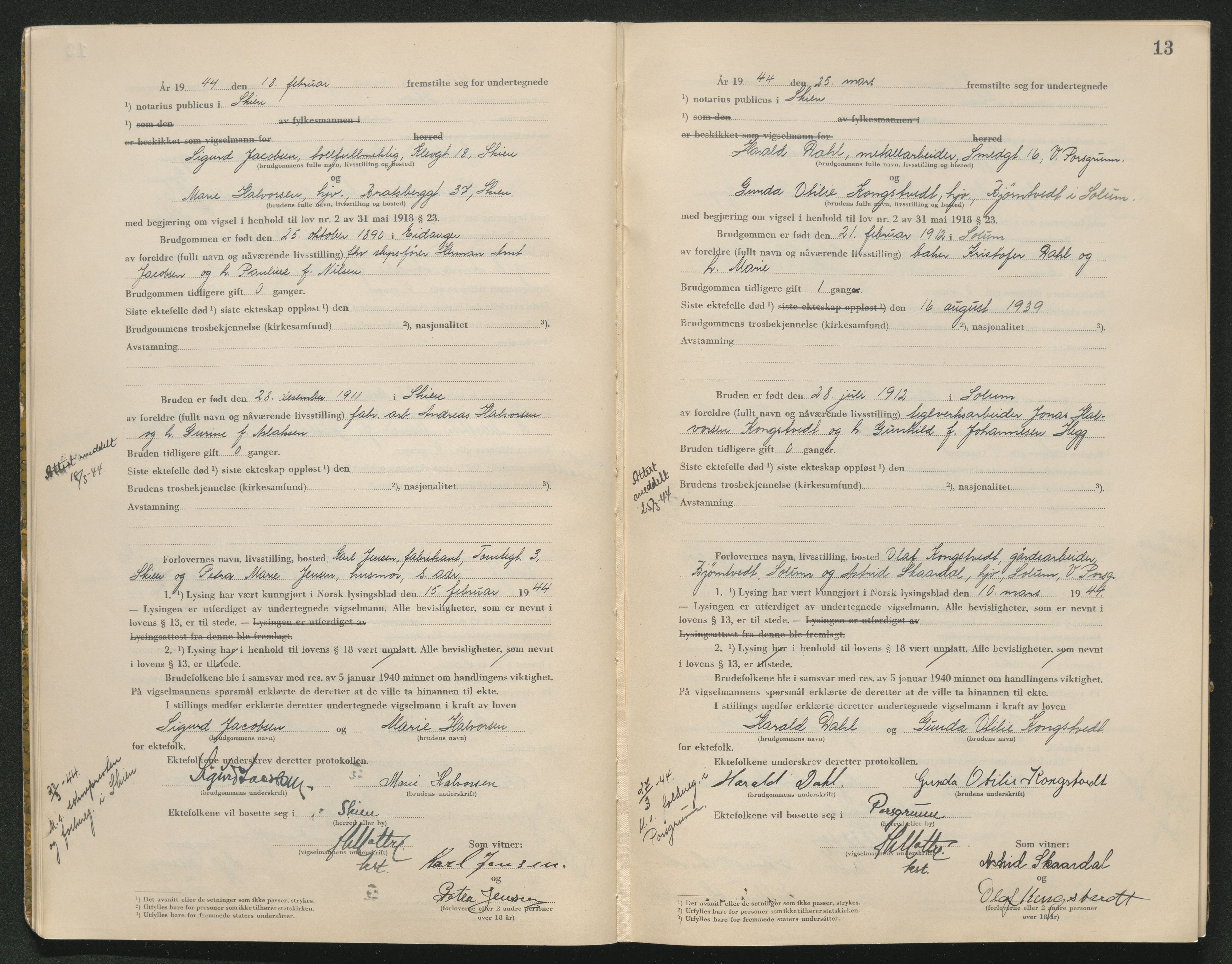 Skien sorenskriveri, AV/SAKO-A-225/L/La/L0001: Vigselsprotokoll, 1920-1947, p. 13