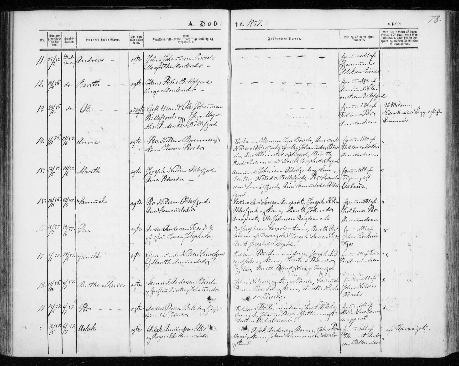 Kistrand/Porsanger sokneprestembete, AV/SATØ-S-1351/H/Ha/L0004.kirke: Parish register (official) no. 4, 1843-1860, p. 78