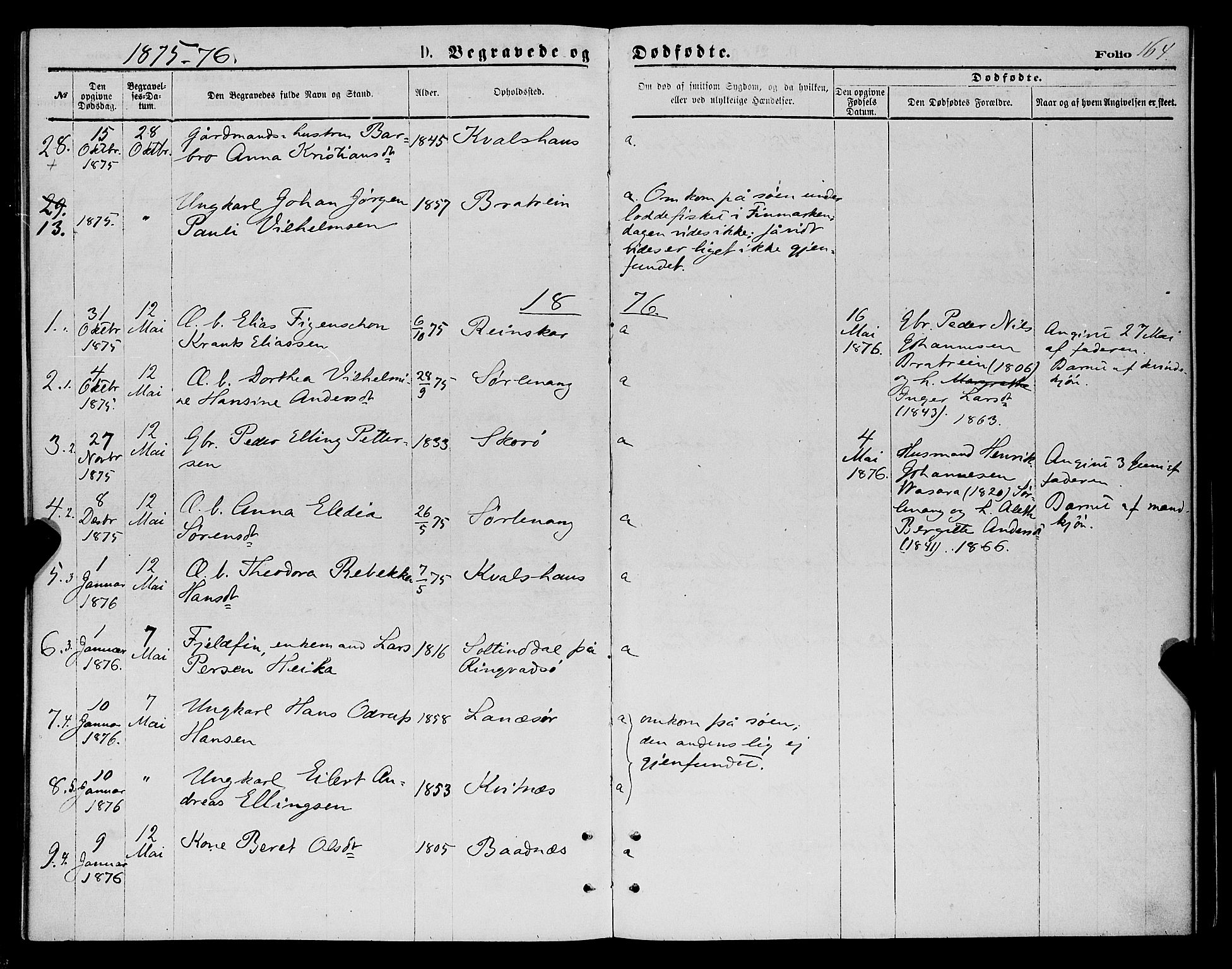 Karlsøy sokneprestembete, AV/SATØ-S-1299/H/Ha/Haa/L0005kirke: Parish register (official) no. 5, 1872-1878, p. 164