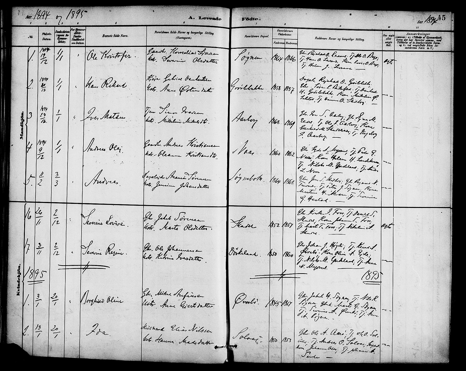 Gaular sokneprestembete, AV/SAB-A-80001/H/Haa: Parish register (official) no. B 1, 1882-1897, p. 45