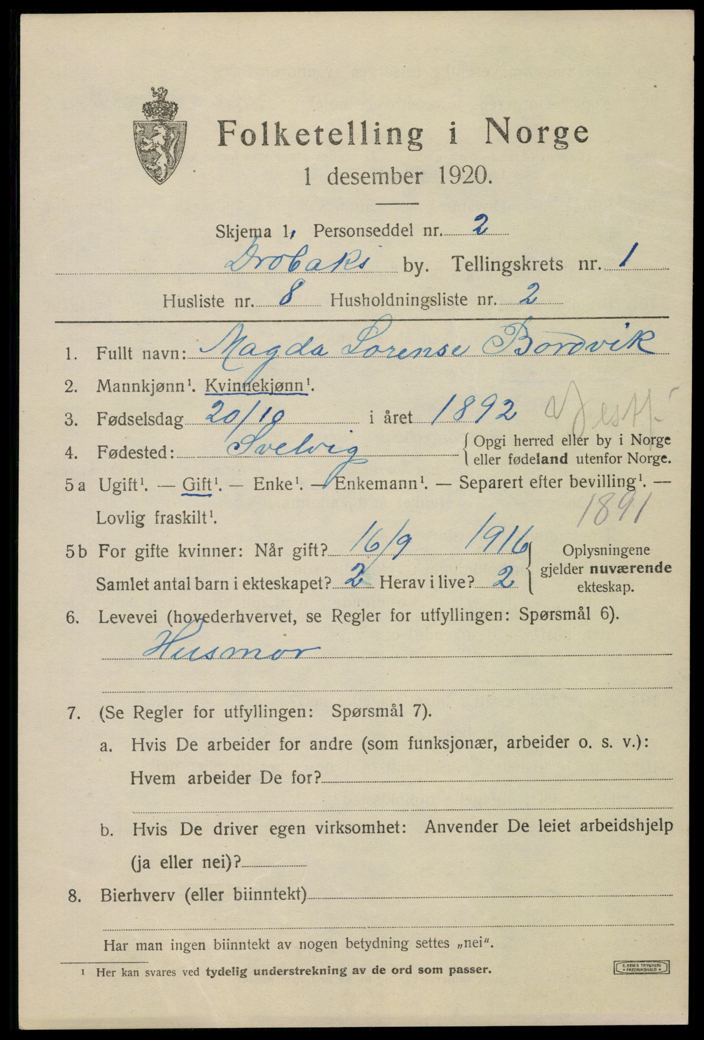 SAO, 1920 census for Drøbak, 1920, p. 2077