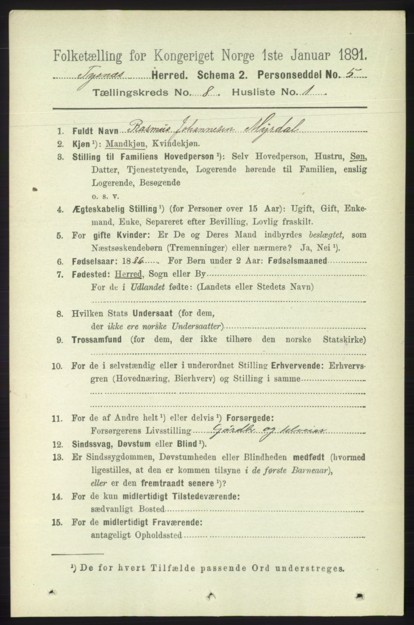 RA, 1891 census for 1223 Tysnes, 1891, p. 3662