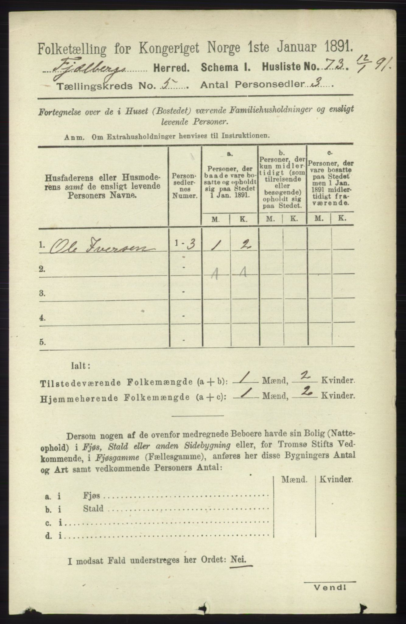 RA, 1891 census for 1213 Fjelberg, 1891, p. 1481