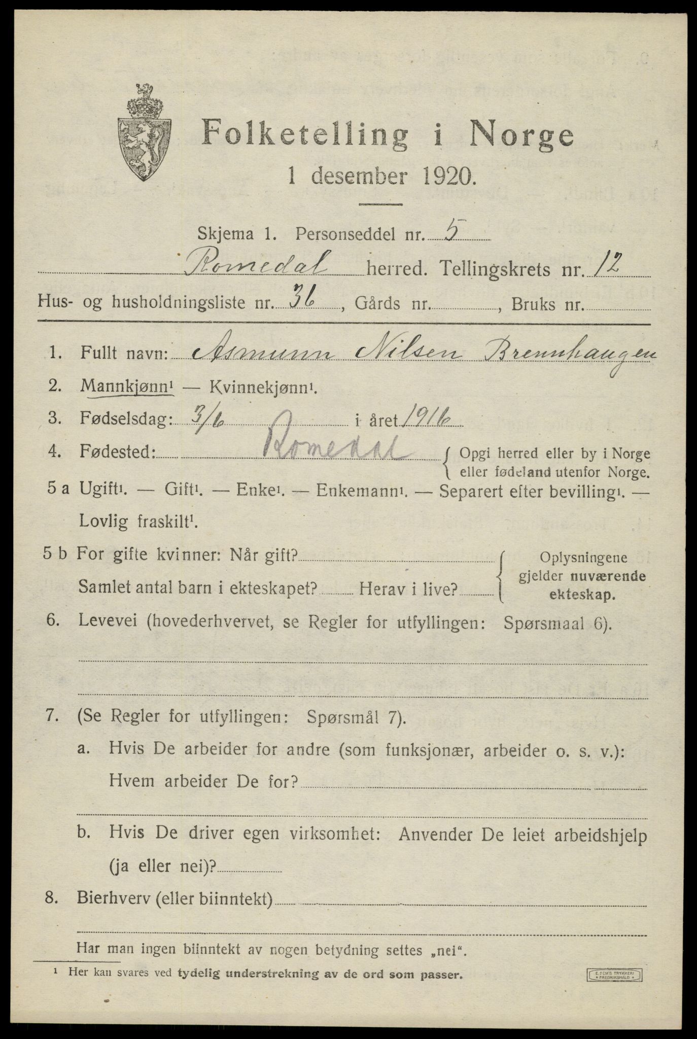 SAH, 1920 census for Romedal, 1920, p. 12945