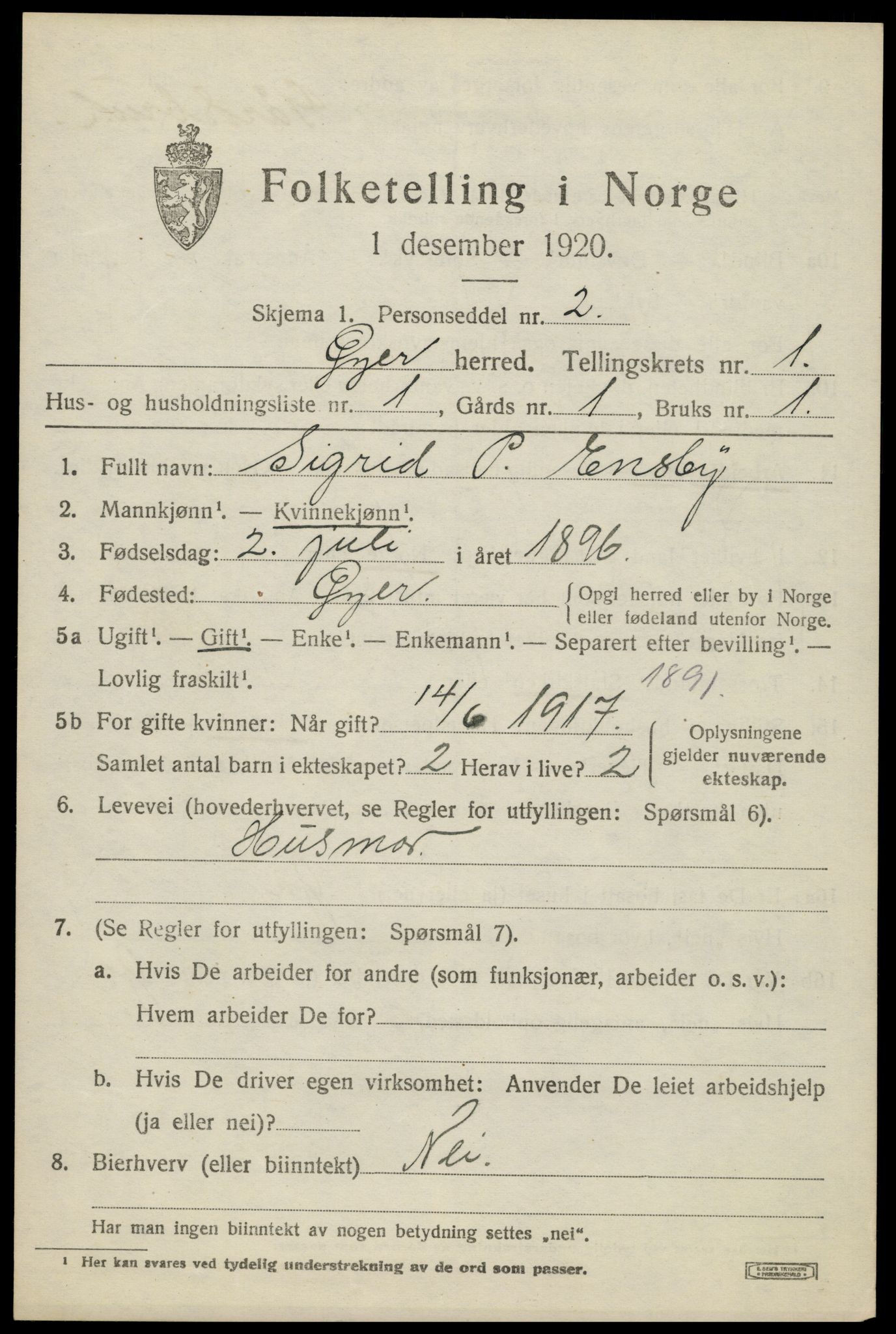 SAH, 1920 census for Øyer, 1920, p. 1205