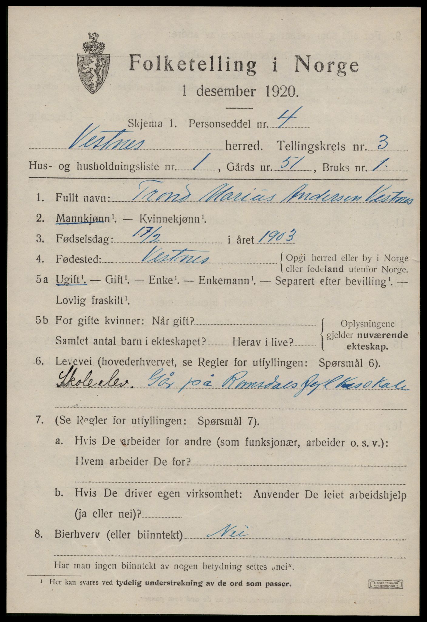 SAT, 1920 census for Vestnes, 1920, p. 2683