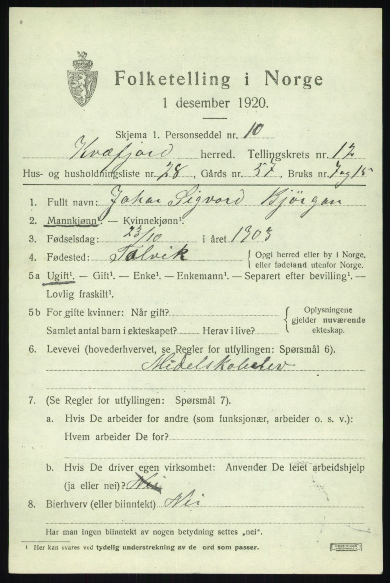 SATØ, 1920 census for Kvæfjord, 1920, p. 6027