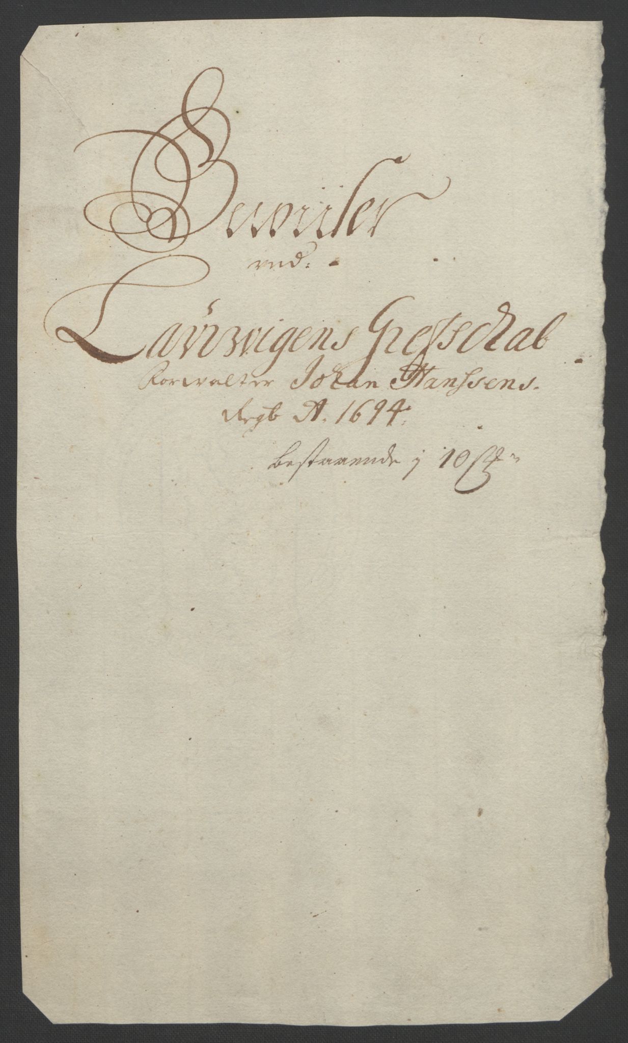 Rentekammeret inntil 1814, Reviderte regnskaper, Fogderegnskap, RA/EA-4092/R33/L1974: Fogderegnskap Larvik grevskap, 1693-1695, p. 174