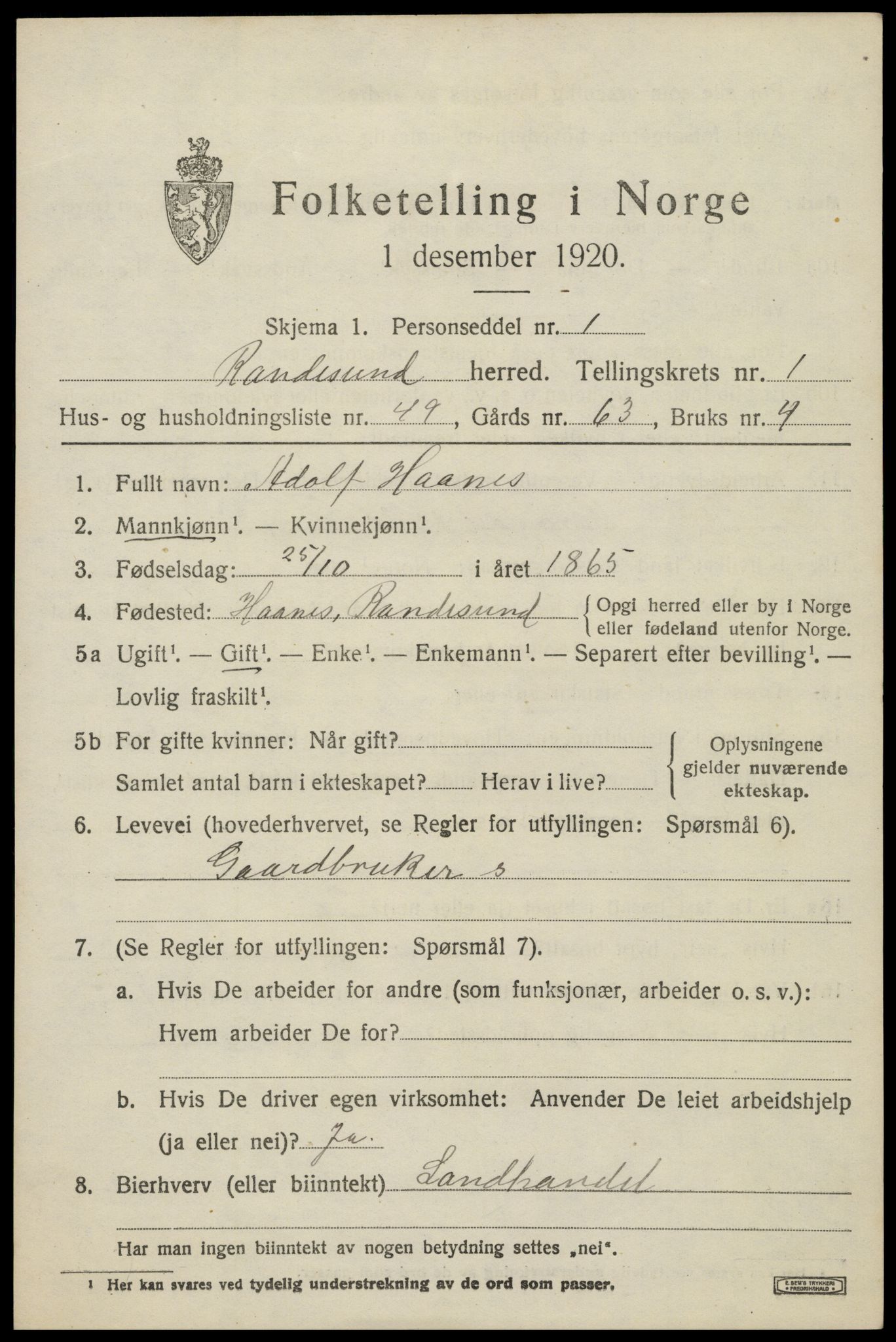 SAK, 1920 census for Randesund, 1920, p. 1060