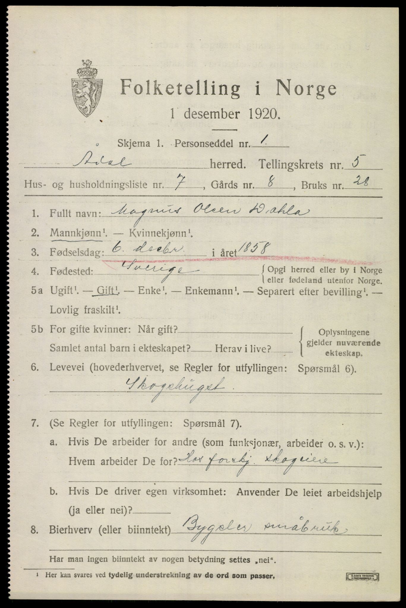 SAKO, 1920 census for Ådal, 1920, p. 4186